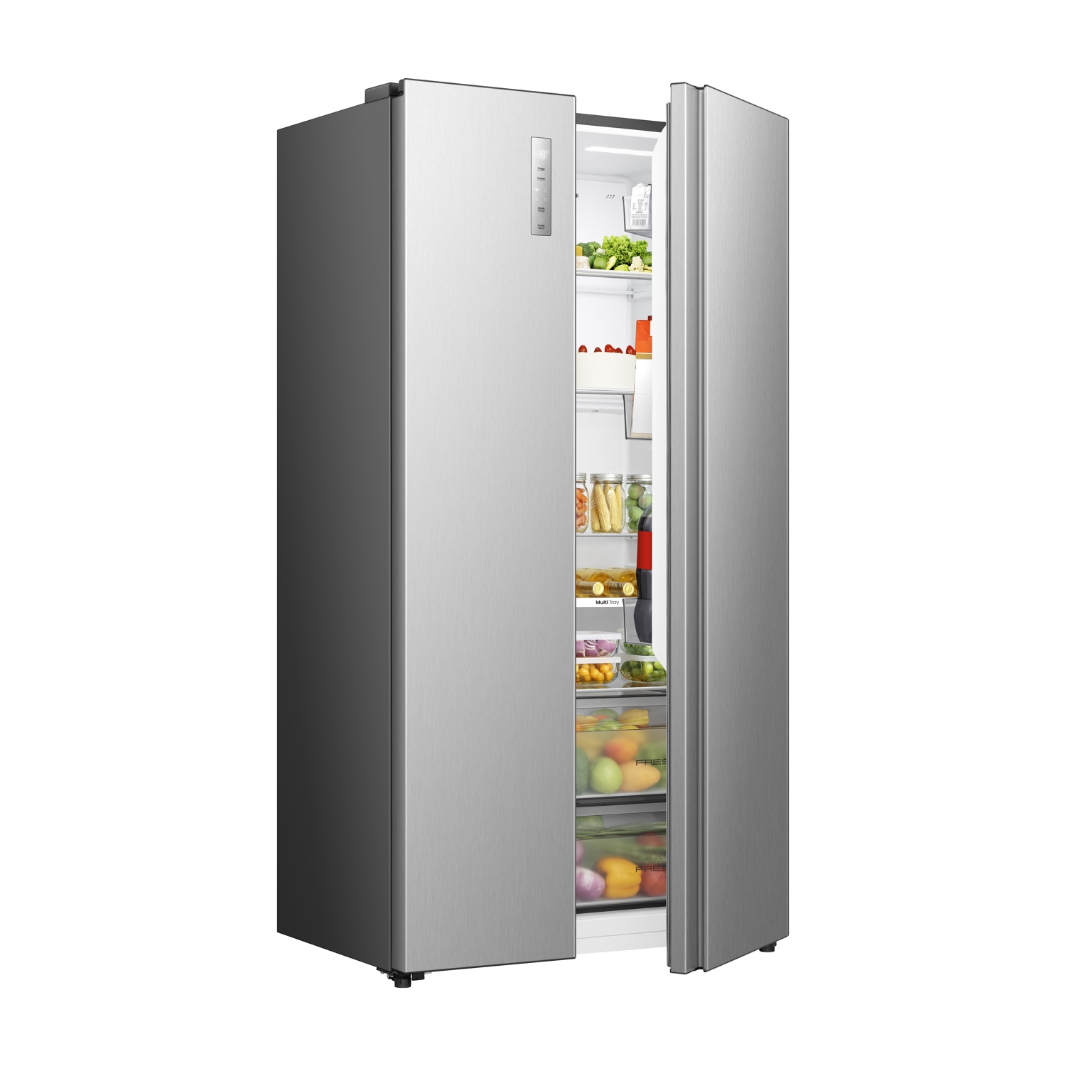 Un frigorifero in acciaio inossidabile con una porta aperta, che rivela ripiani di cibo. Verdure, frutta e barattoli sono visibili all'interno.