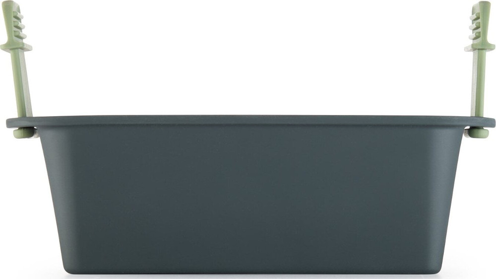 A dark gray rectangular container with light green hanging supports. The background is plain white.