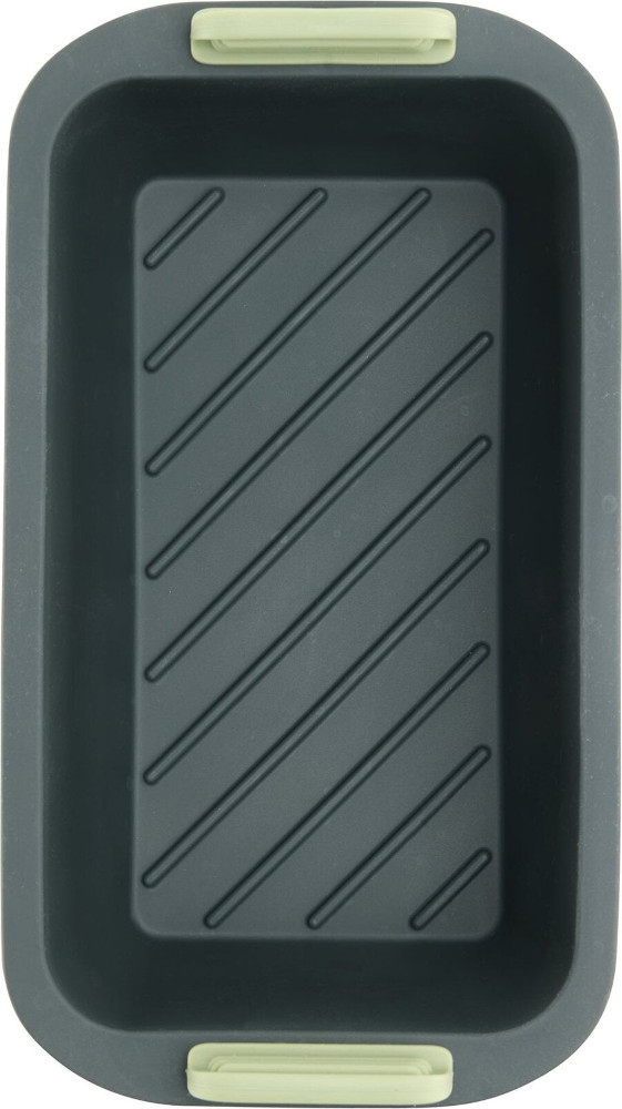 A gray rectangular baking pan with diagonal lines on the base. It has light green handles on the long sides.