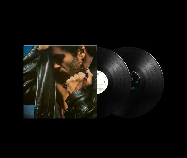 Albumcover und zwei Schallplatten. Das Cover zeigt einen Mann in einer Lederjacke. Schwarzer Hintergrund.