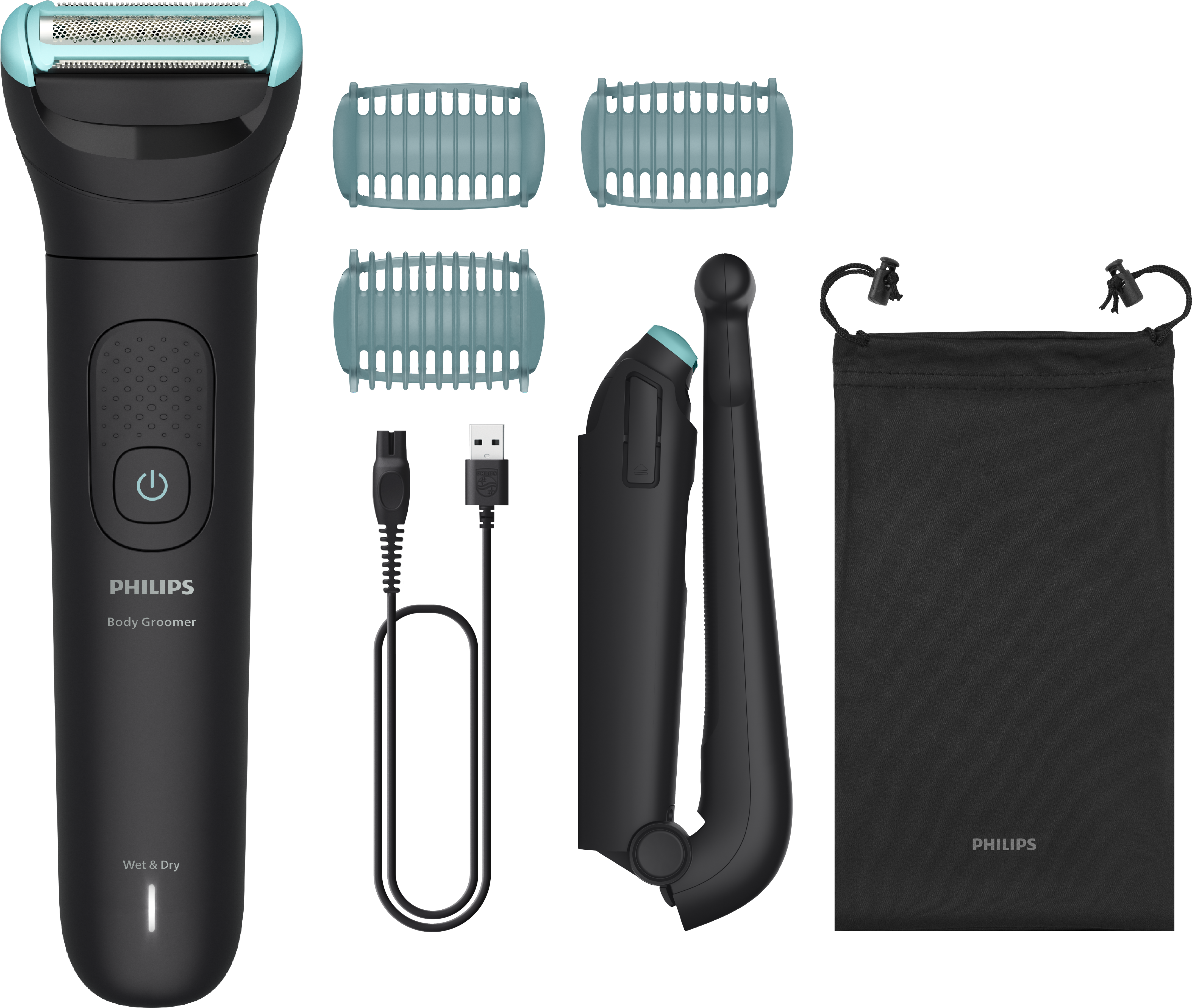 Schwarzer Philips Body Groomer mit Zubehör. Enthält Klingen, Ladegerät, Beutel und Aufsätze. Nass & Trocken.