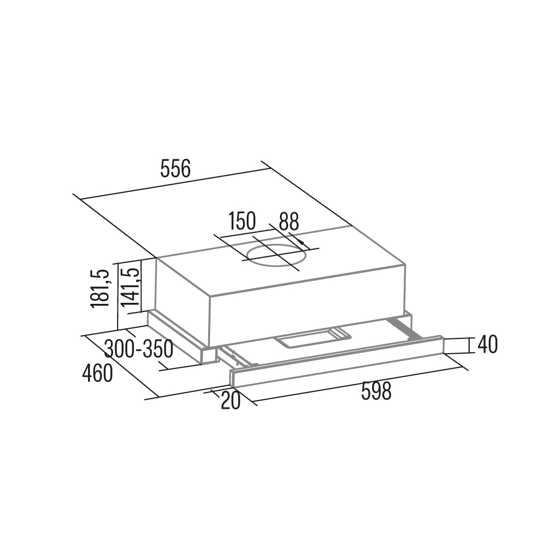 Diagrama de una campana extractora con dimensiones en milímetros. La campana es rectangular, con medidas como 556x598x181,5mm.