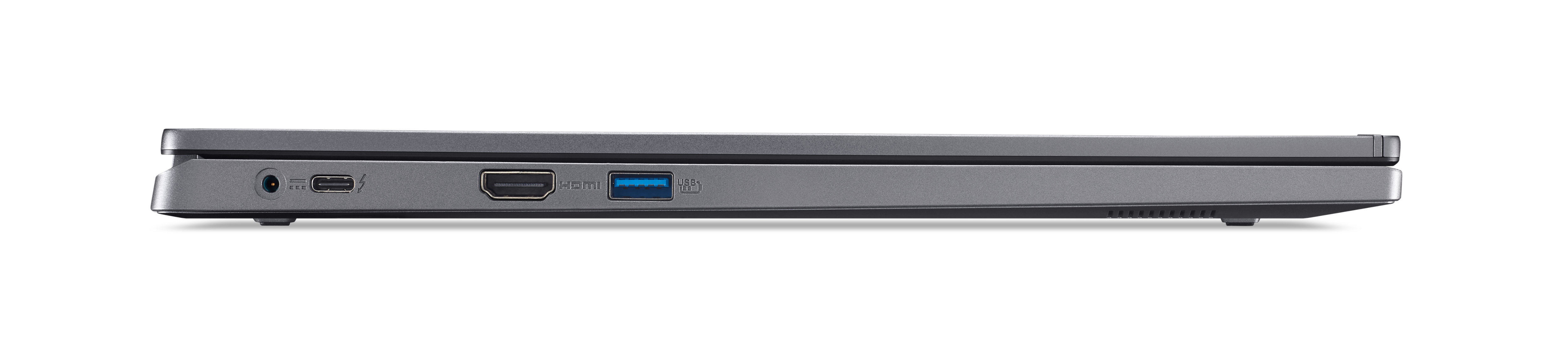 Vue latérale d'un ordinateur portable gris. Ports visibles : prise casque, USB, HDMI et USB 3.0. Fond blanc.