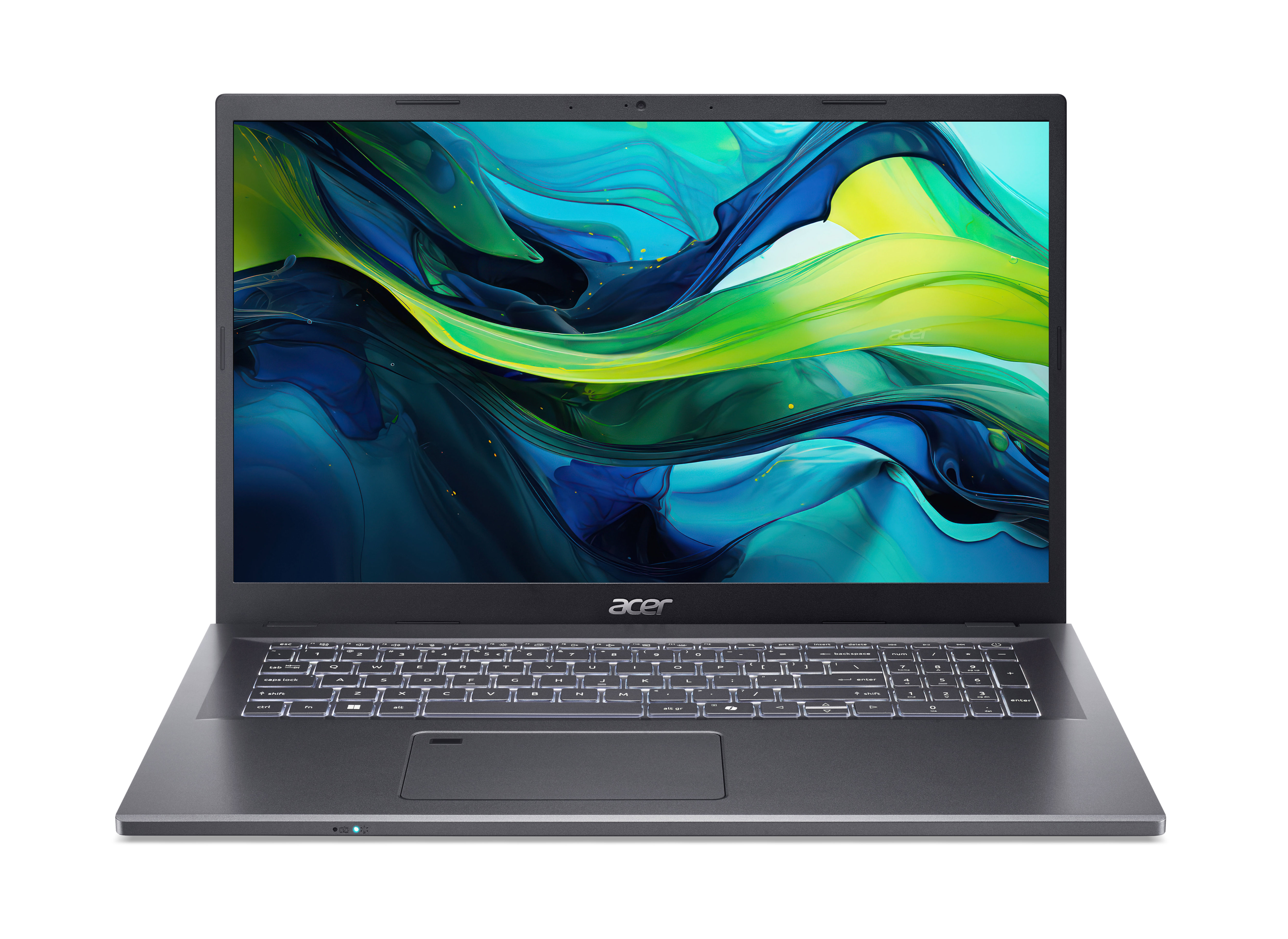 Un ordinateur portable Acer gris foncé est ouvert. L'écran affiche un arrière-plan abstrait et coloré. Le clavier est éclairé.
