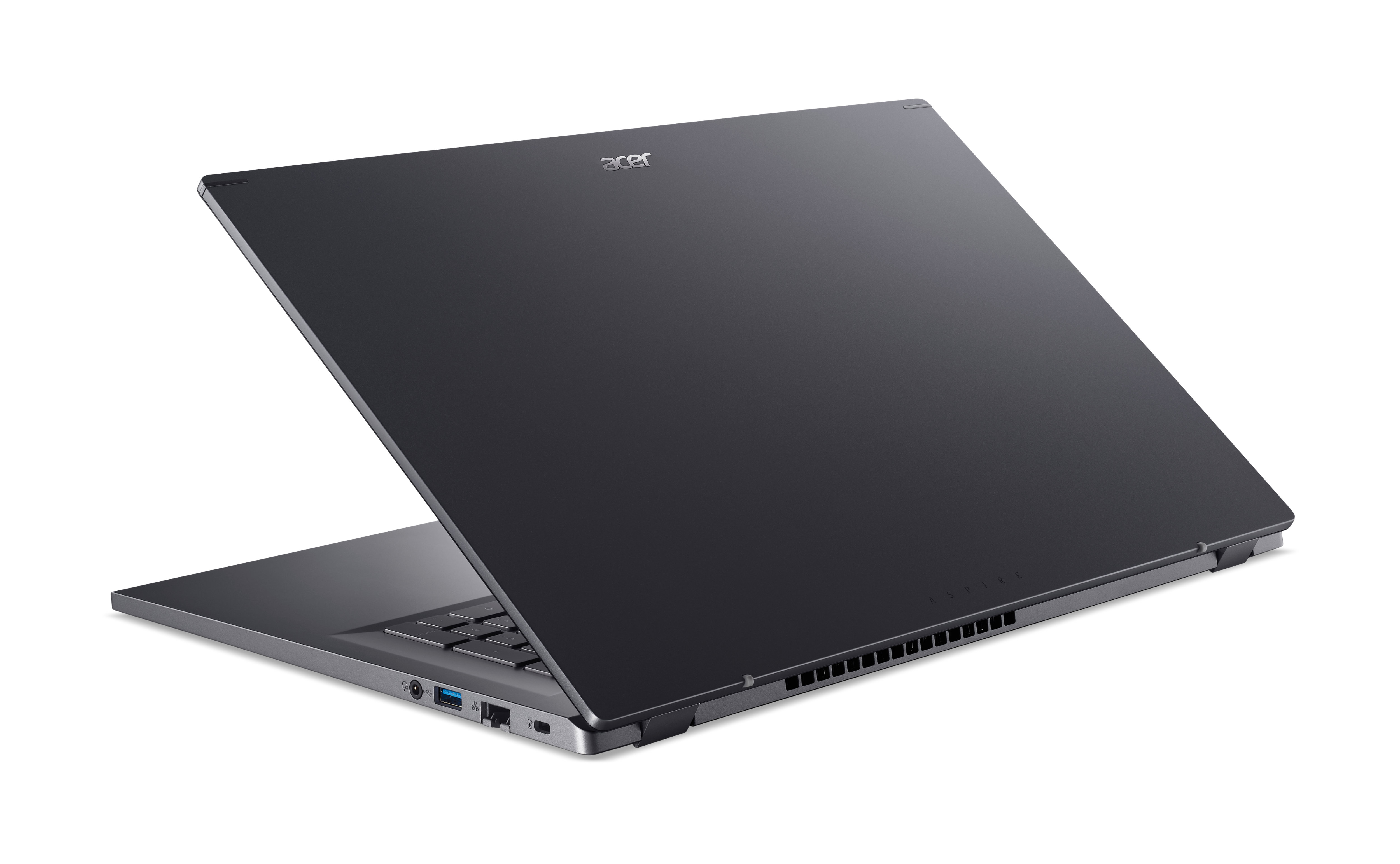 Un ordinateur portable Acer gris foncé est ouvert, montrant le clavier et l'écran. Le logo Acer est visible.
