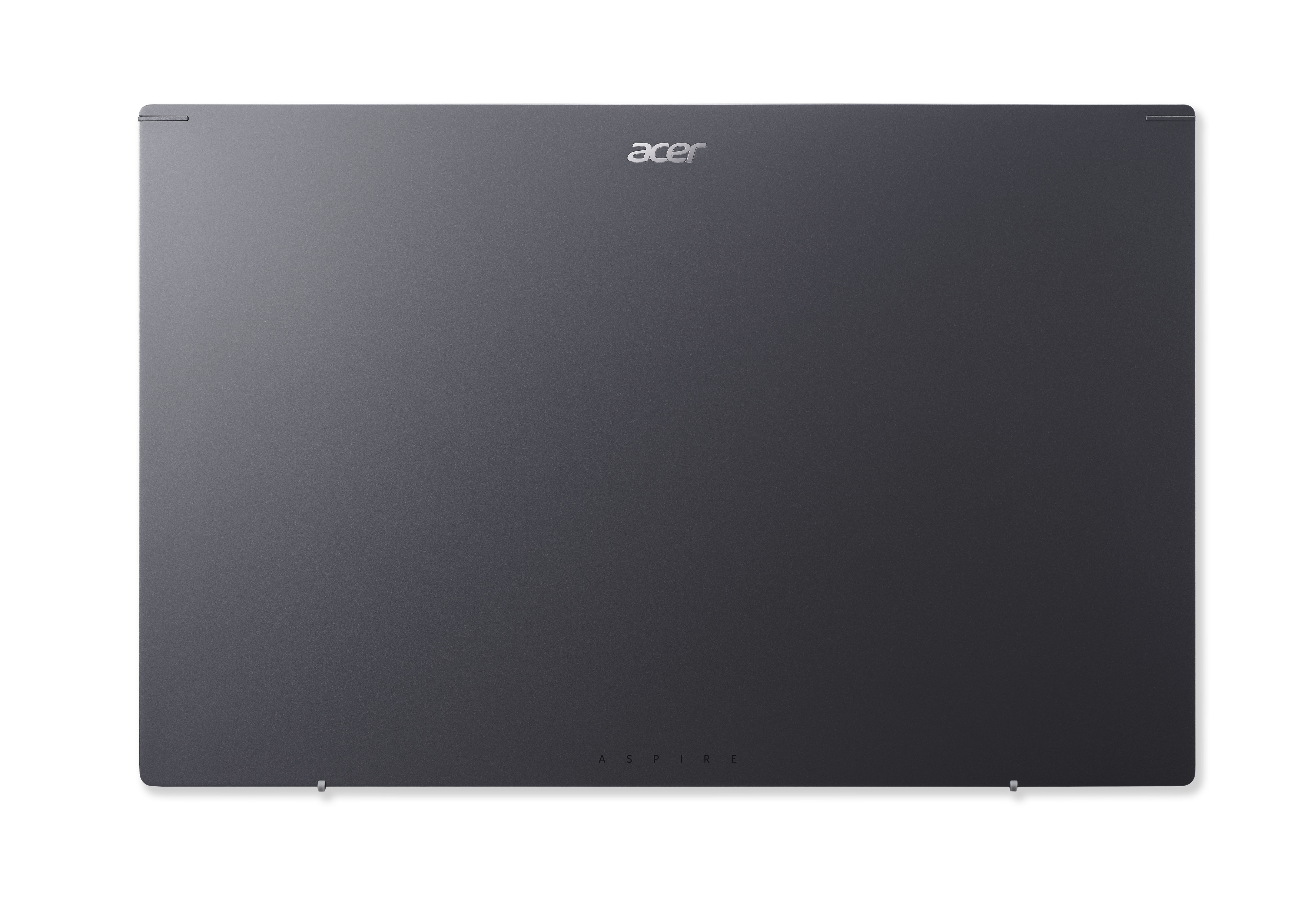 Couvercle d'ordinateur portable gris foncé avec logo Acer. Texte 'Aspire' en bas. Fond blanc.