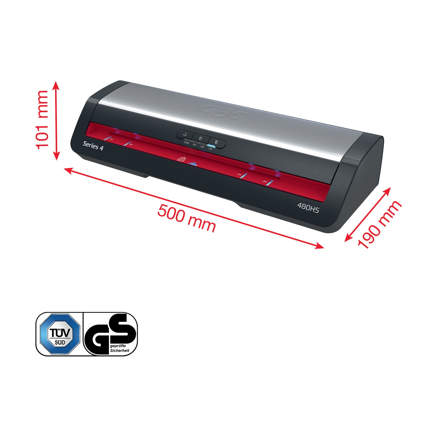 Una plastificatrice, Serie 4, con dimensioni indicate. Ha un top argentato, base nera e fessura rossa. Ci sono anche loghi.