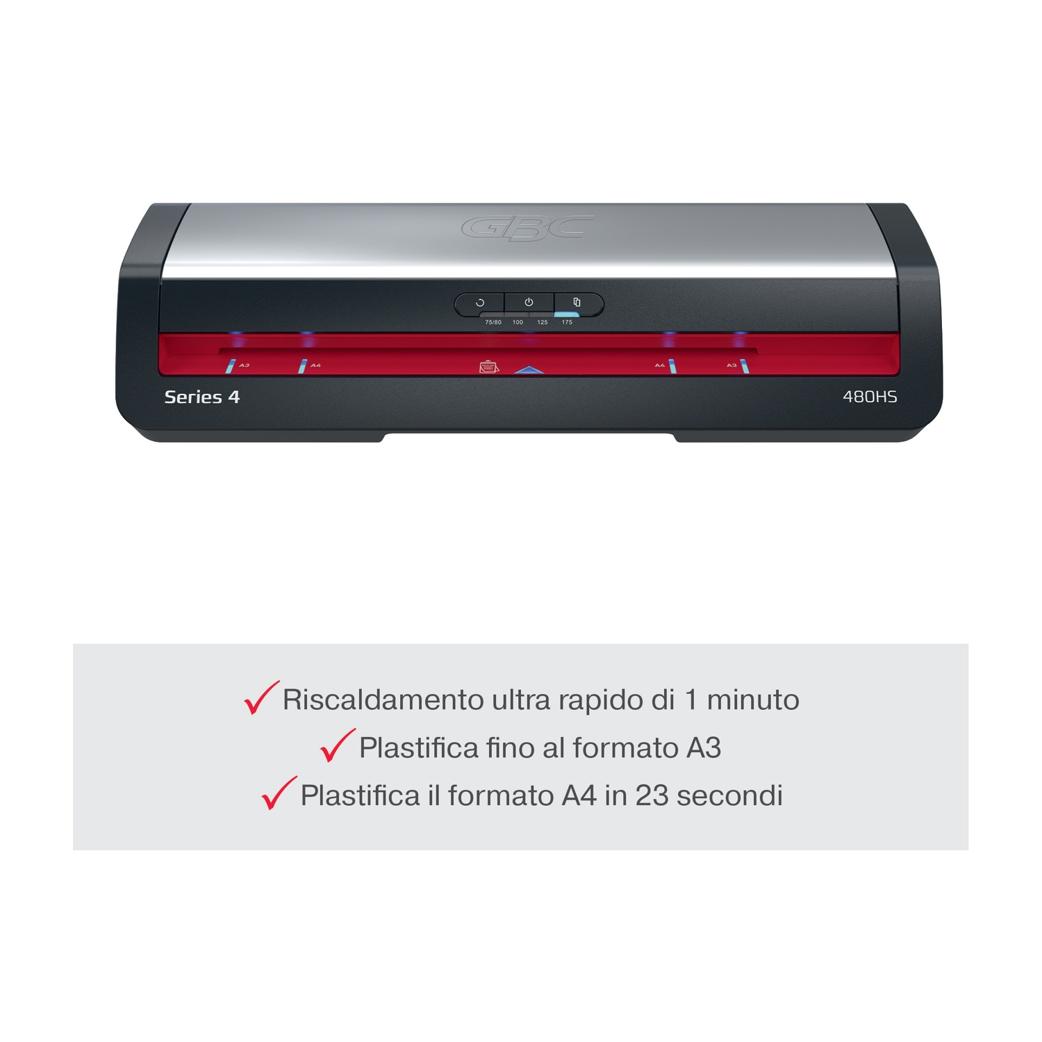 Una plastificatrice con dettagli rossi, corpo nero e argento. Testo: 'Series 4 480HS'. Caratteristiche: riscaldamento rapido e plastificazione A3/A4.