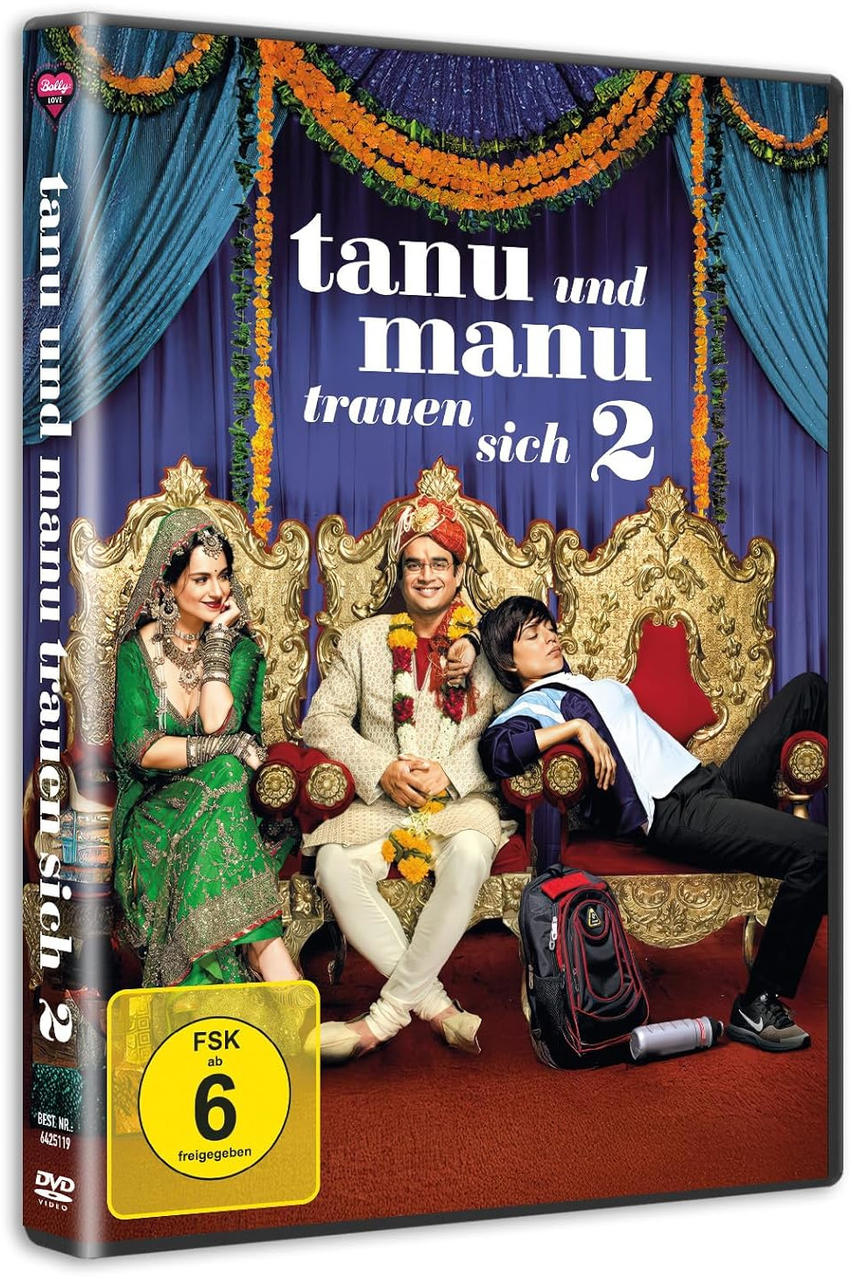 DVD-Cover: Drei Personen in indischer Hochzeitskleidung. Titel: 'tanu und manu trauen sich 2'. Dekorative Blumen und Vorhänge im Hintergrund.