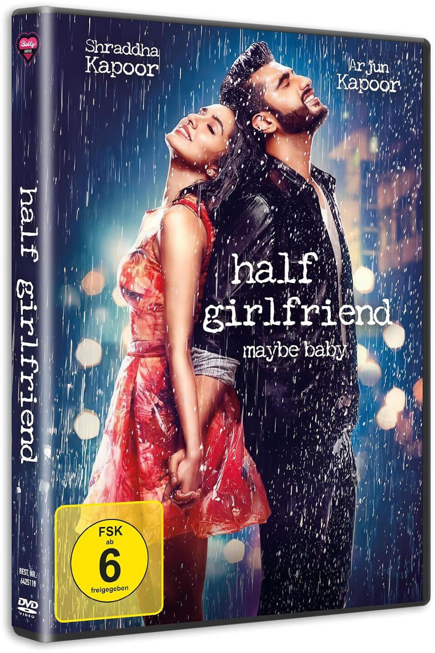 DVD-Cover des Films 'Half Girlfriend'. Ein Paar steht im Regen. Frau in rotem Kleid, Mann in schwarzer Jacke. Der Titel wird angezeigt.