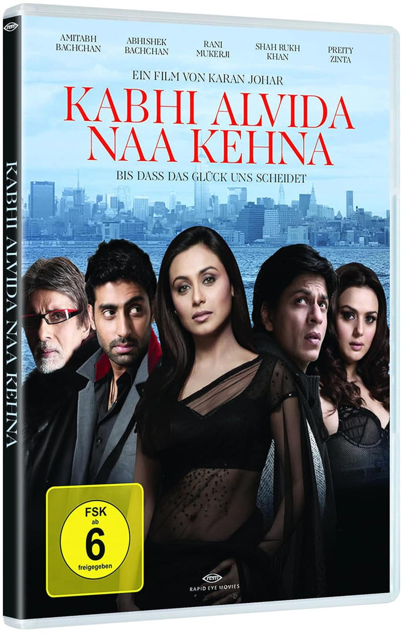 DVD-Cover von 'Kabhi Alvida Naa Kehna' mit Schauspielern, Titeltext und Skyline im Hintergrund.