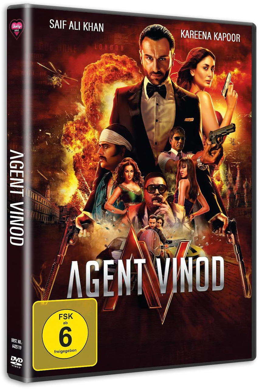 DVD-Cover für 'Agent Vinod'. Saif Ali Khan und Kareena Kapoor sind zu sehen. Explosionen und Actionszenen mit Waffen.