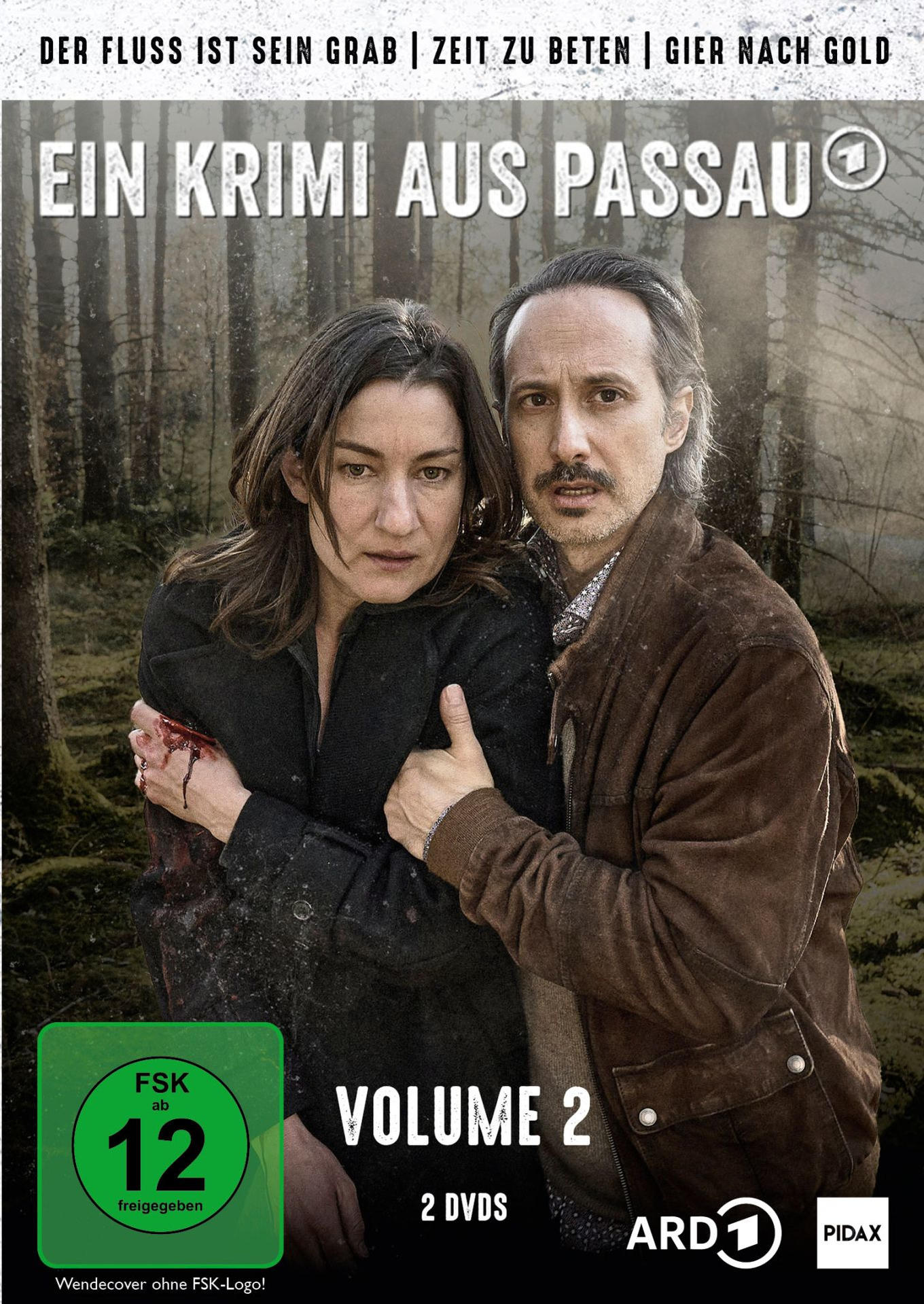 Ein Filmcover zeigt zwei Personen in einem Wald. Die Frau hat einen blutigen Arm. Der Titel lautet 'Ein Krimi aus Passau'.