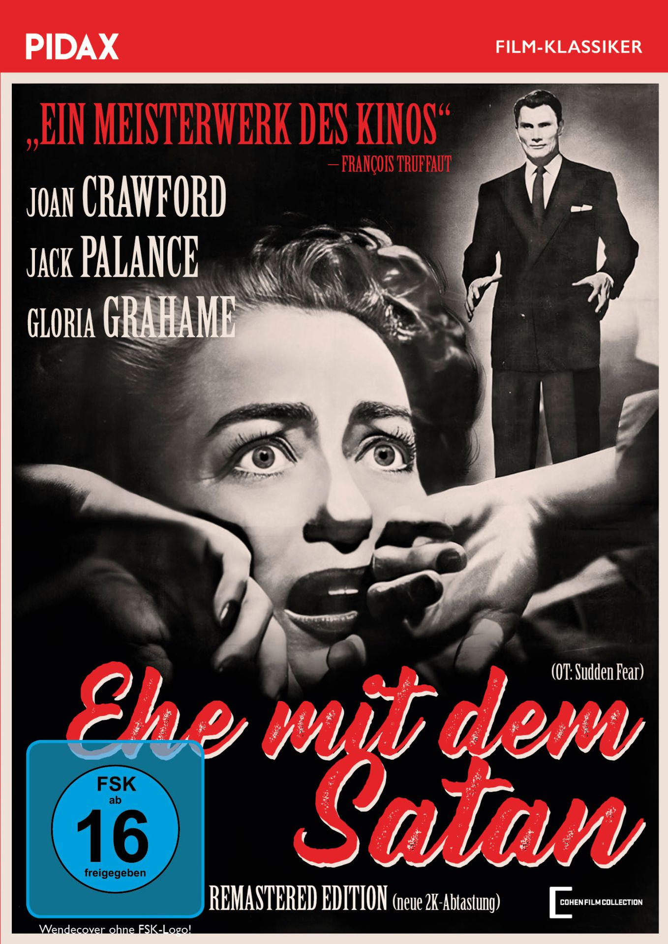 Filmposter mit einer ängstlichen Frau, einer Hand, die ihren Mund bedeckt, und einem Mann im Hintergrund.