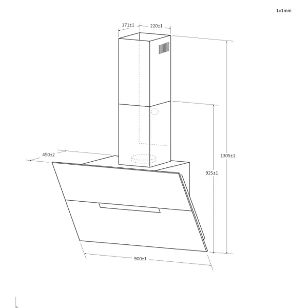 Dibujo técnico de una campana extractora con dimensiones. La campana es blanca, con chimenea rectangular. Se incluyen medidas.
