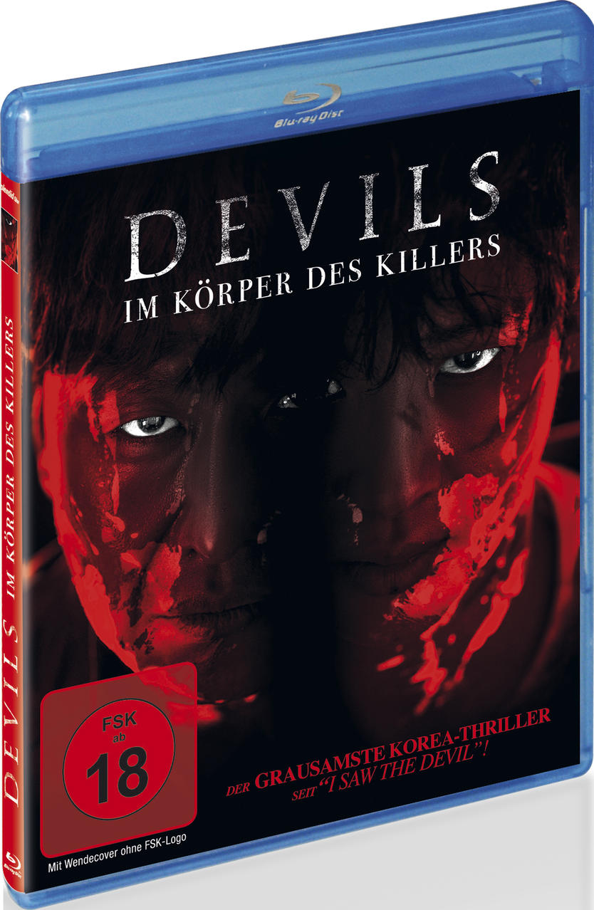 Blu-ray-Cover für 'Devils'. Ein Männergesicht ist rot bedeckt, mit Titel und Text auf Deutsch. Bewertung 18.