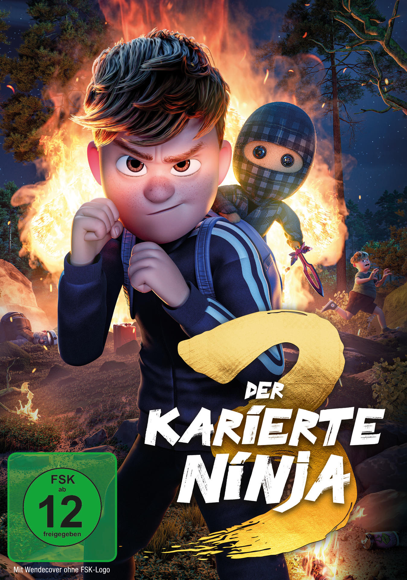 Poster für 'Der karierte Ninja 2'. Junge mit Ninja, Explosion im Hintergrund, Text auf Deutsch. Freigabe ab 12.