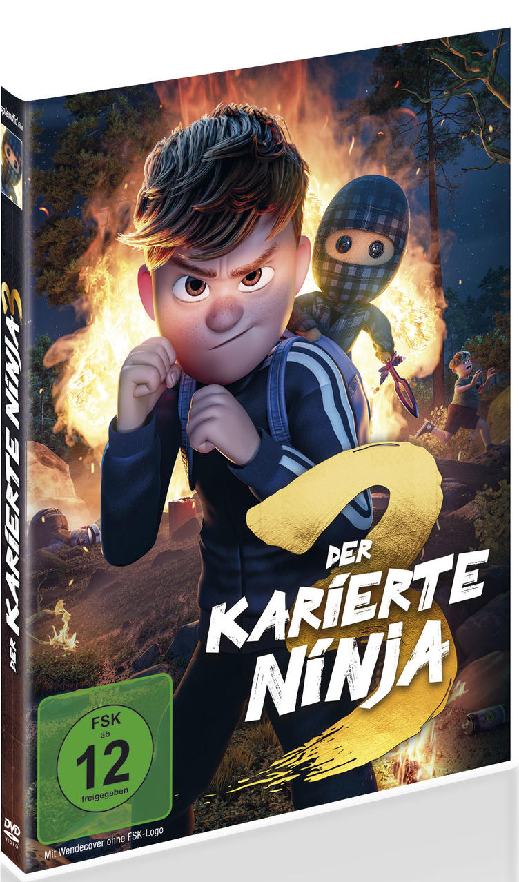DVD-Cover des Animationsfilms 'Der karierte Ninja 3'. Ein Junge und ein Ninja stehen vor einem Feuer. Der Text lautet: Der karierte Ninja.