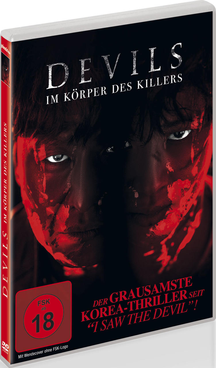 DVD-Cover von 'Devils'. Gesicht mit roter Farbe, Titeltext und Altersfreigabe. Text: 'Der grausamste Korea-Thriller seit Ich sah den Teufel!'