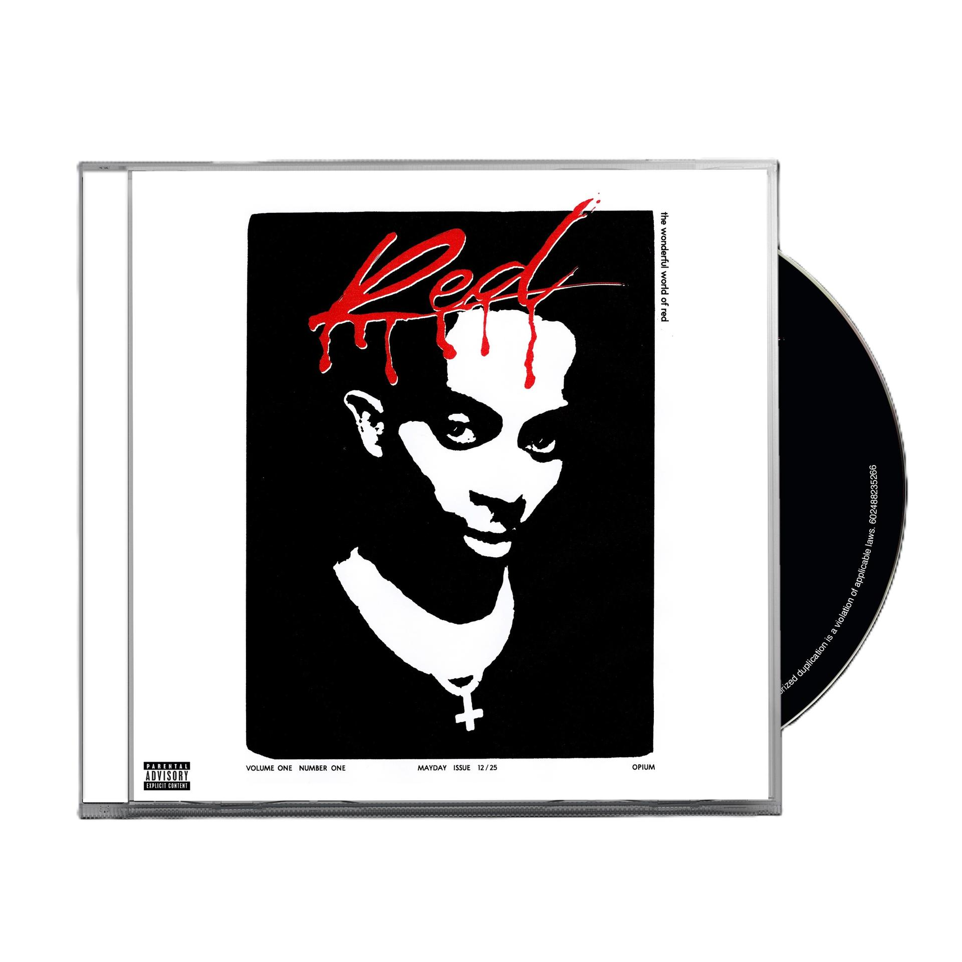 Albumcover. Schwarz-weißes Gesicht mit rotem "Red"-Text und Bluteffekt. CD ist sichtbar.