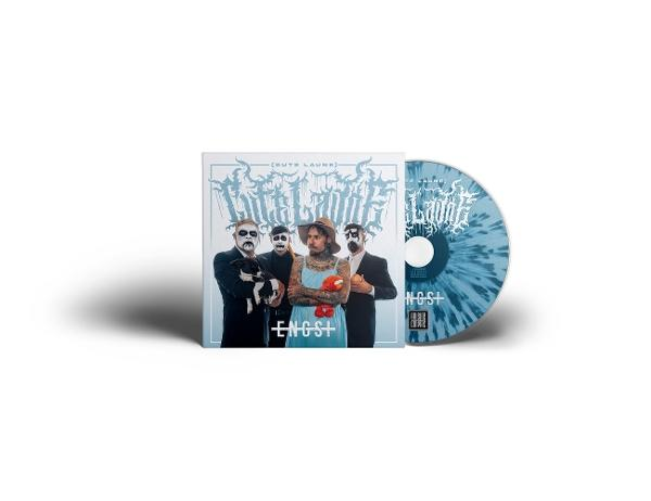 Albumcover und CD. Album zeigt vier Personen in Kostümen. CD ist blau und weiß. Titel ist 'ENGST'.