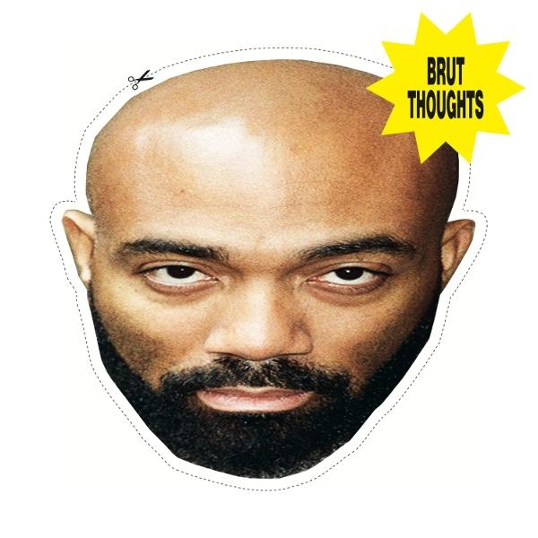 Das Gesicht eines glatzköpfigen Mannes, ausgeschnitten mit einer Schere. Ein gelber Stern sagt 'Brut Thoughts'. Der Mann hat einen Bart und Schnurrbart.