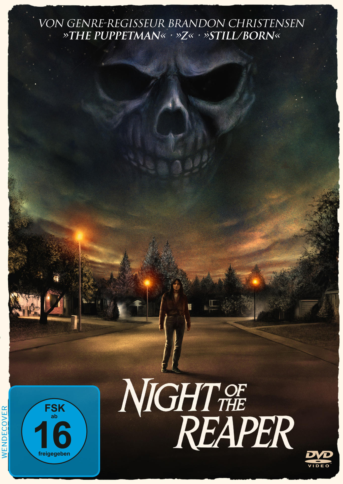 DVD-Cover. Eine Frau steht auf einer Straße, ein großer Schädel am Himmel. Der Titel lautet 'Night of the Reaper'.