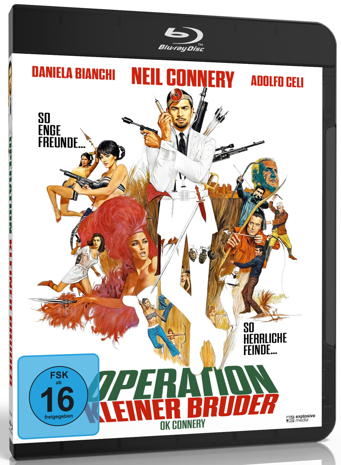 Blu-ray-Cover von 'Operation Kid Brother'. Enthält Schauspieler, Actionszenen und den Titel auf Deutsch. Eine FSK-16-Bewertung ist ebenfalls sichtbar.