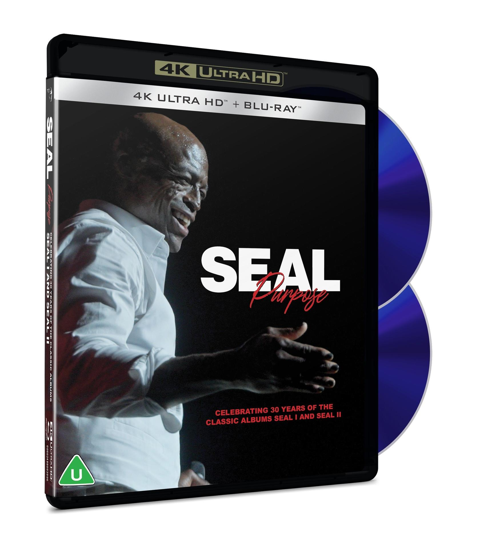 Das Cover zeigt Seal auf der Bühne, lächelnd. Der Titel "SEAL Purpose" ist sichtbar. Es ist eine 4K Ultra HD Blu-ray.