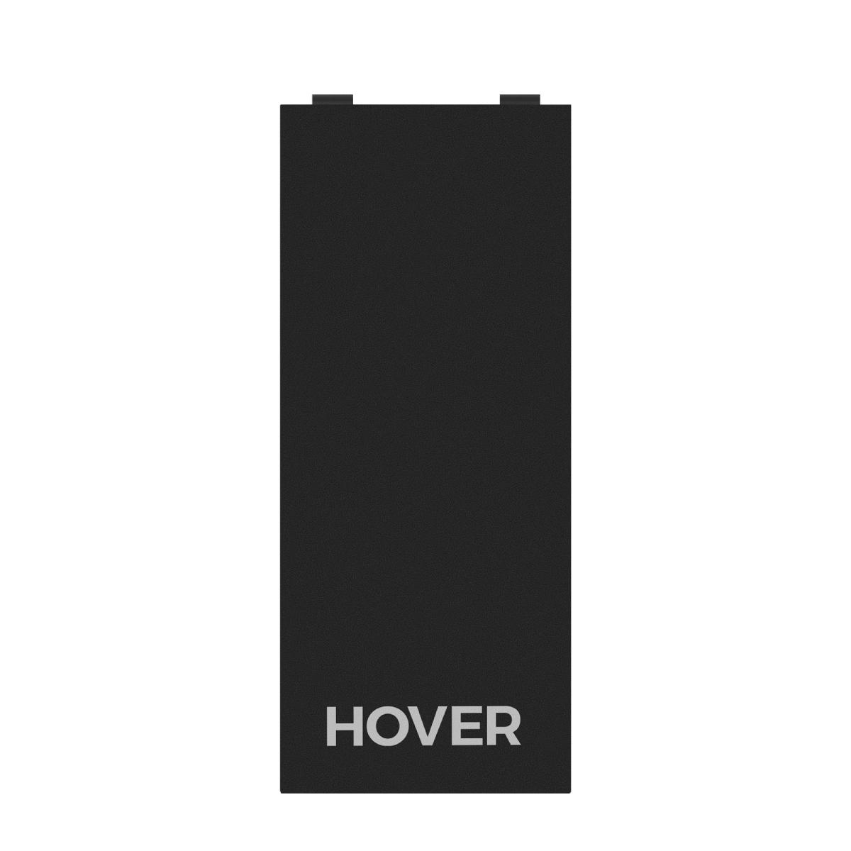 Ein schwarzes rechteckiges Objekt mit dem Wort 'HOVER' in grauen Buchstaben am unteren Rand. Oben zwei kleine schwarze Rechtecke.
