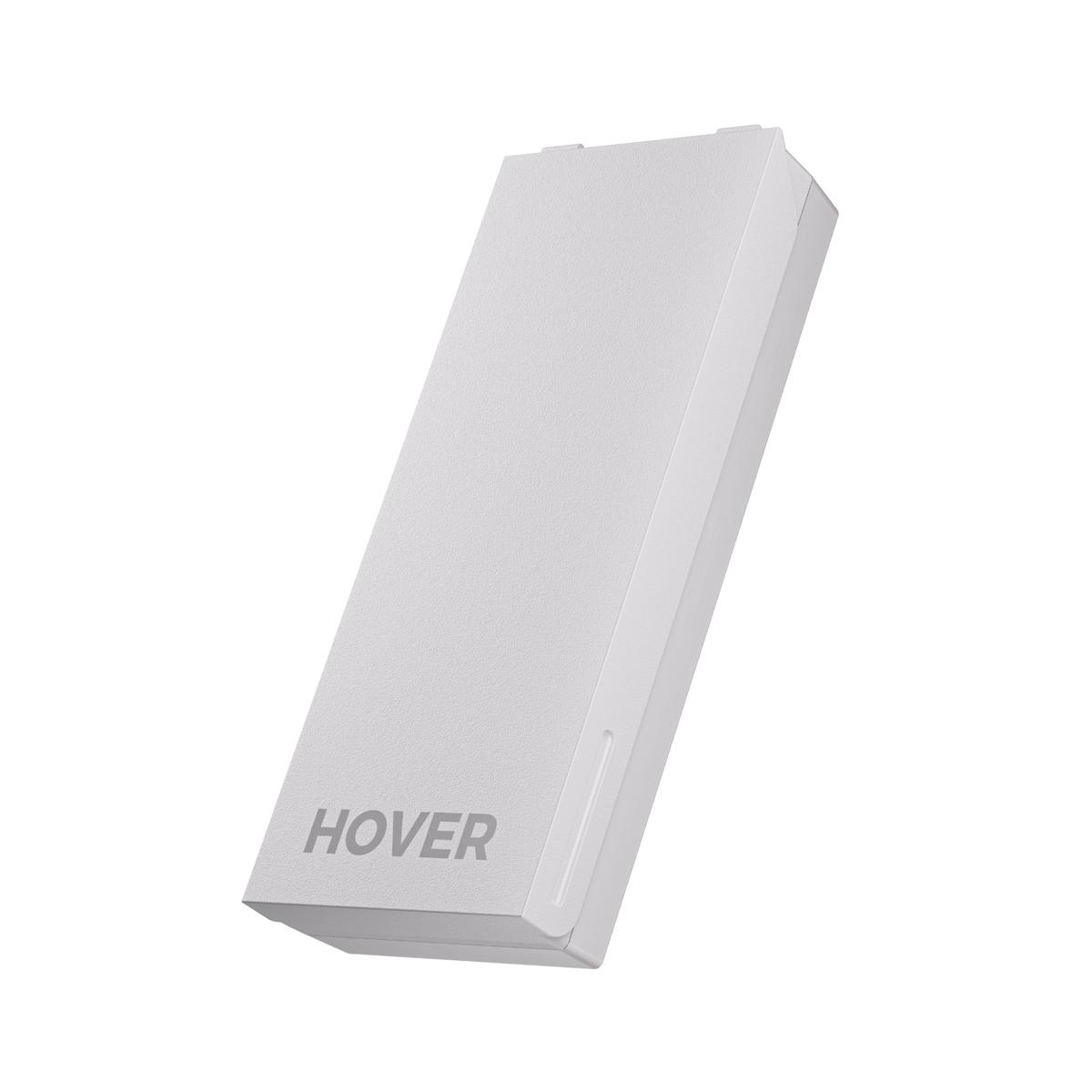 Ein weißes rechteckiges Gerät mit dem Wort 'HOVER' darauf, leicht angewinkelt. Es befindet sich auf weißem Hintergrund.