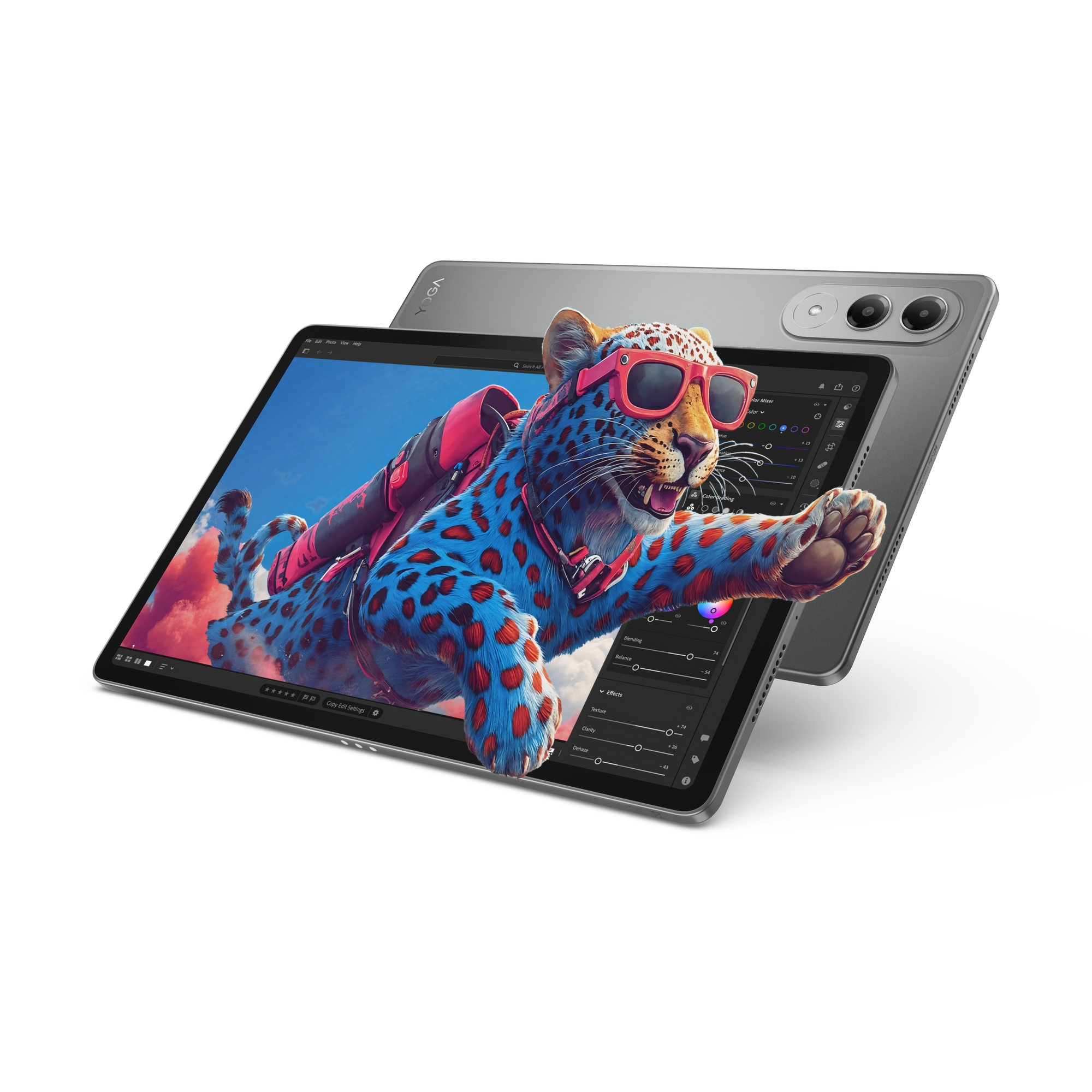 Tablette affichant un guépard de dessin animé avec lunettes de soleil et sac à dos. Une autre tablette derrière.
