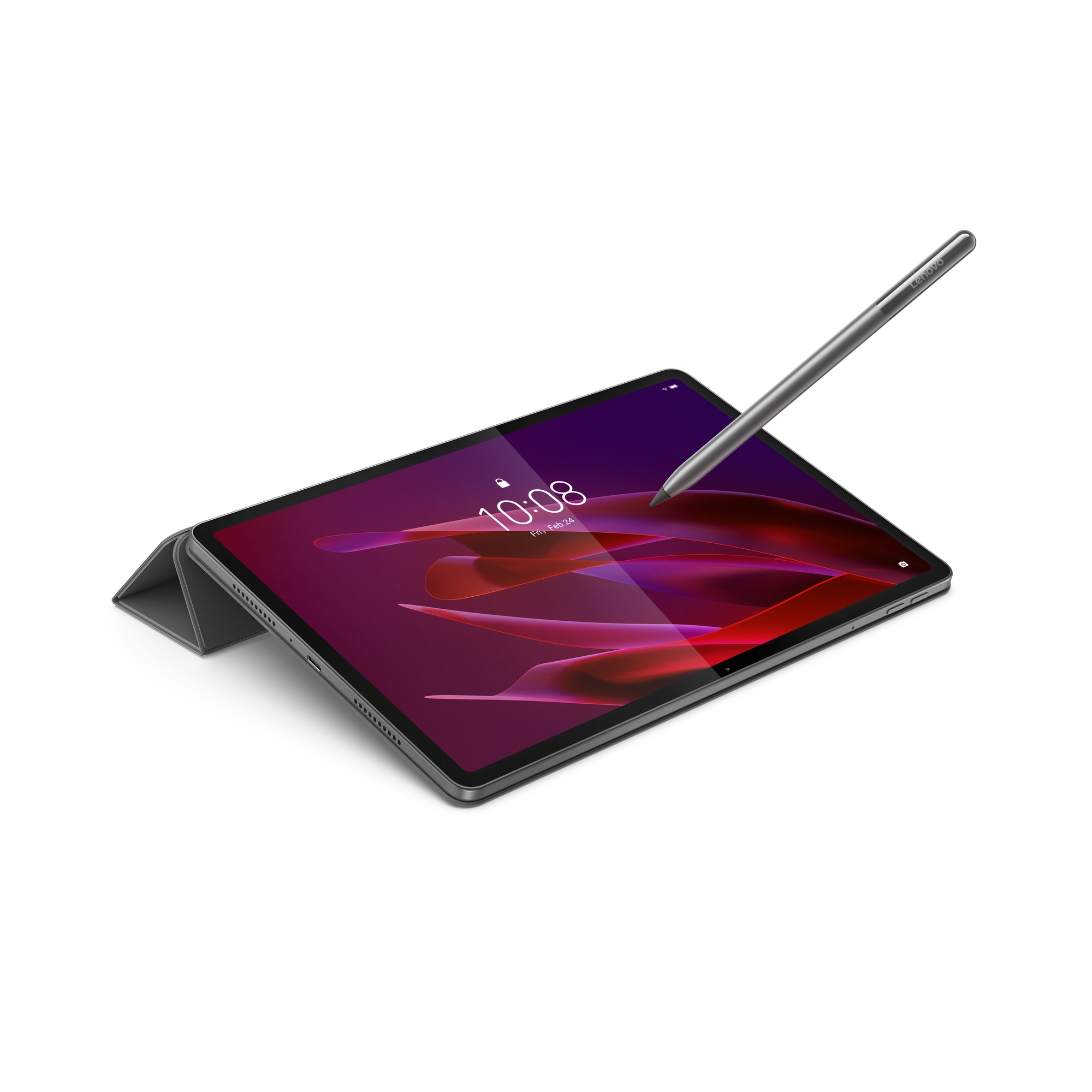 Tablette avec stylet. L'écran affiche l'heure et la date. Le stylet survole l'écran. La tablette est sur une surface blanche.