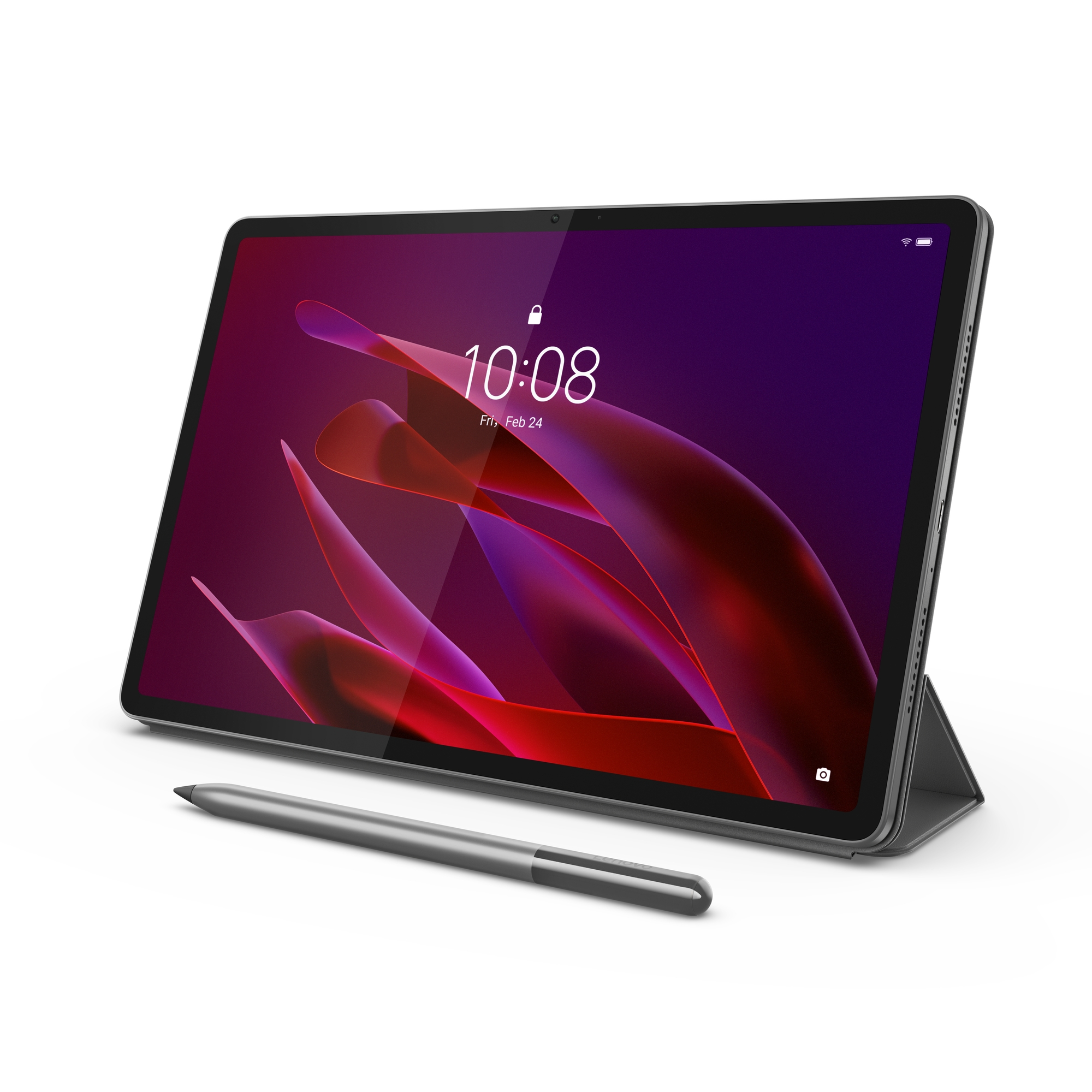 Tablette avec stylet. L'écran affiche l'heure et de l'art abstrait rouge et violet. Elle est inclinée sur un support, sur fond blanc.