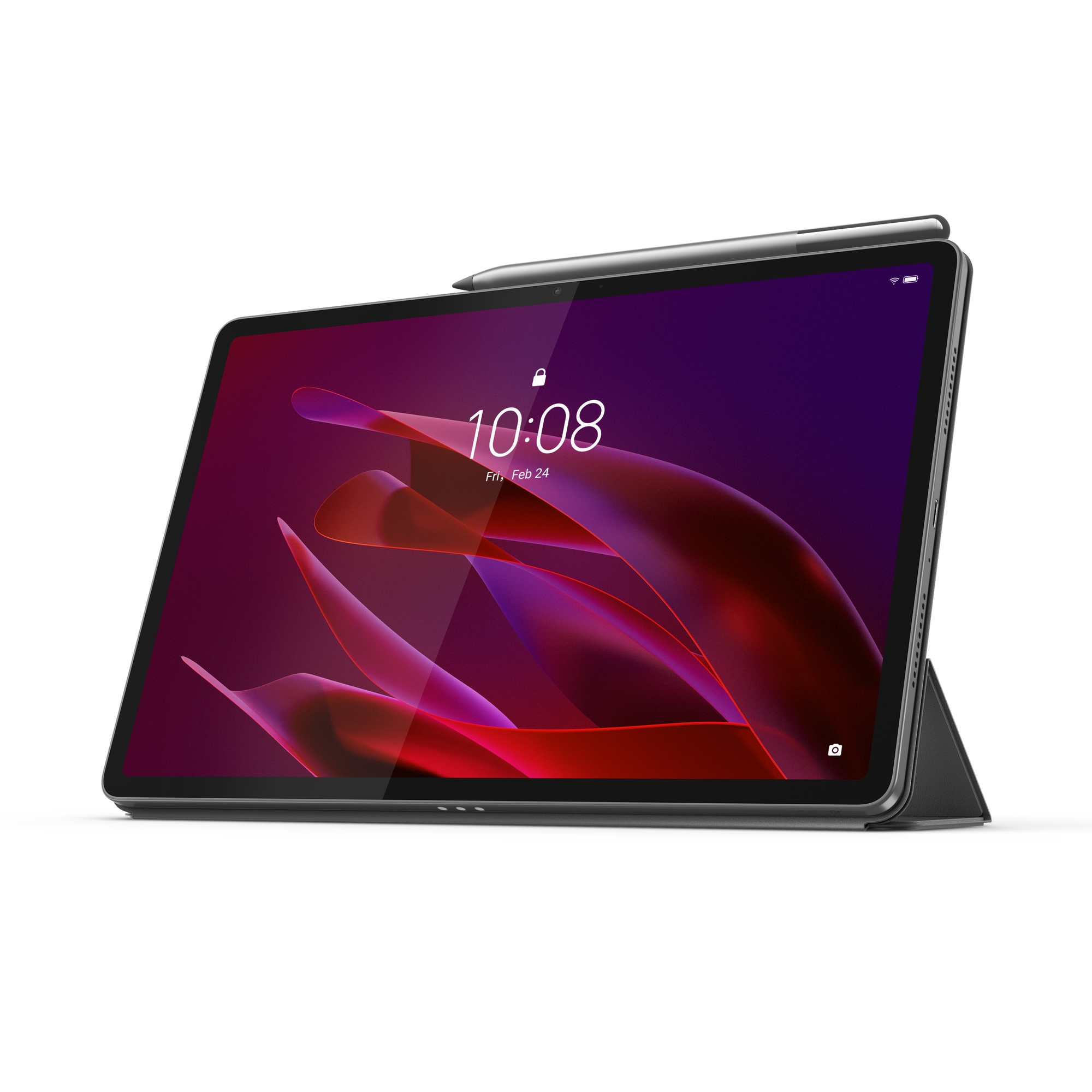 Tablette avec stylet. L'écran affiche 10:08, 24 fév. Elle est sur un support. Fond blanc.