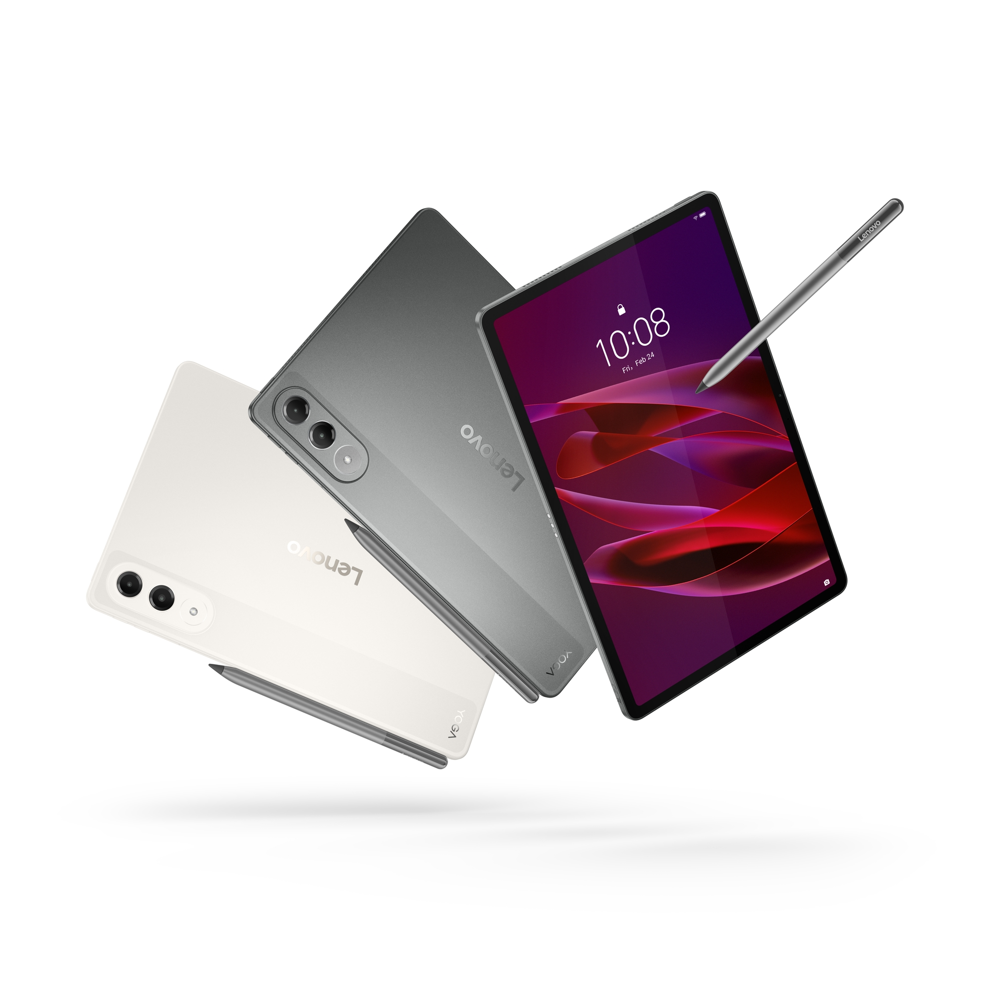 Trois tablettes Lenovo avec stylets. Une blanche, une grise, une avec écran. Le tout sur fond blanc.