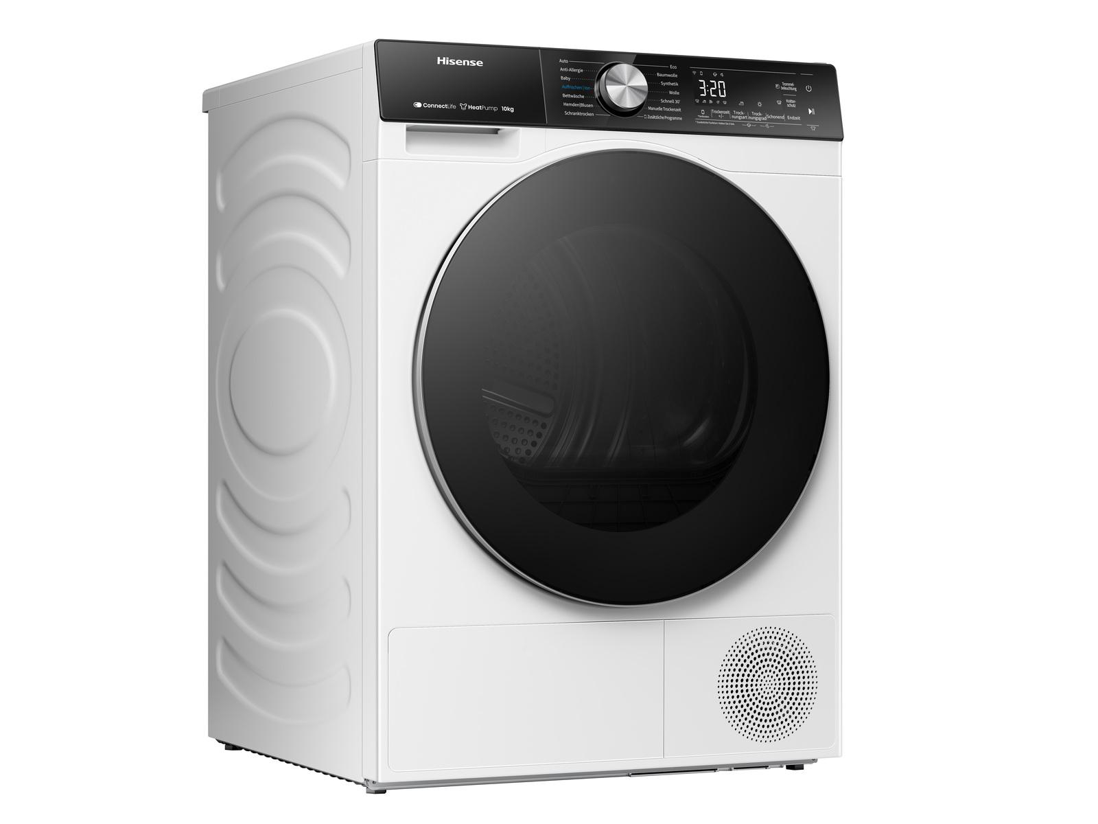 Ein weißer Hisense-Trockner mit schwarzer Tür und Bedienfeld. Er hat eine Digitalanzeige und verschiedene Programmoptionen.