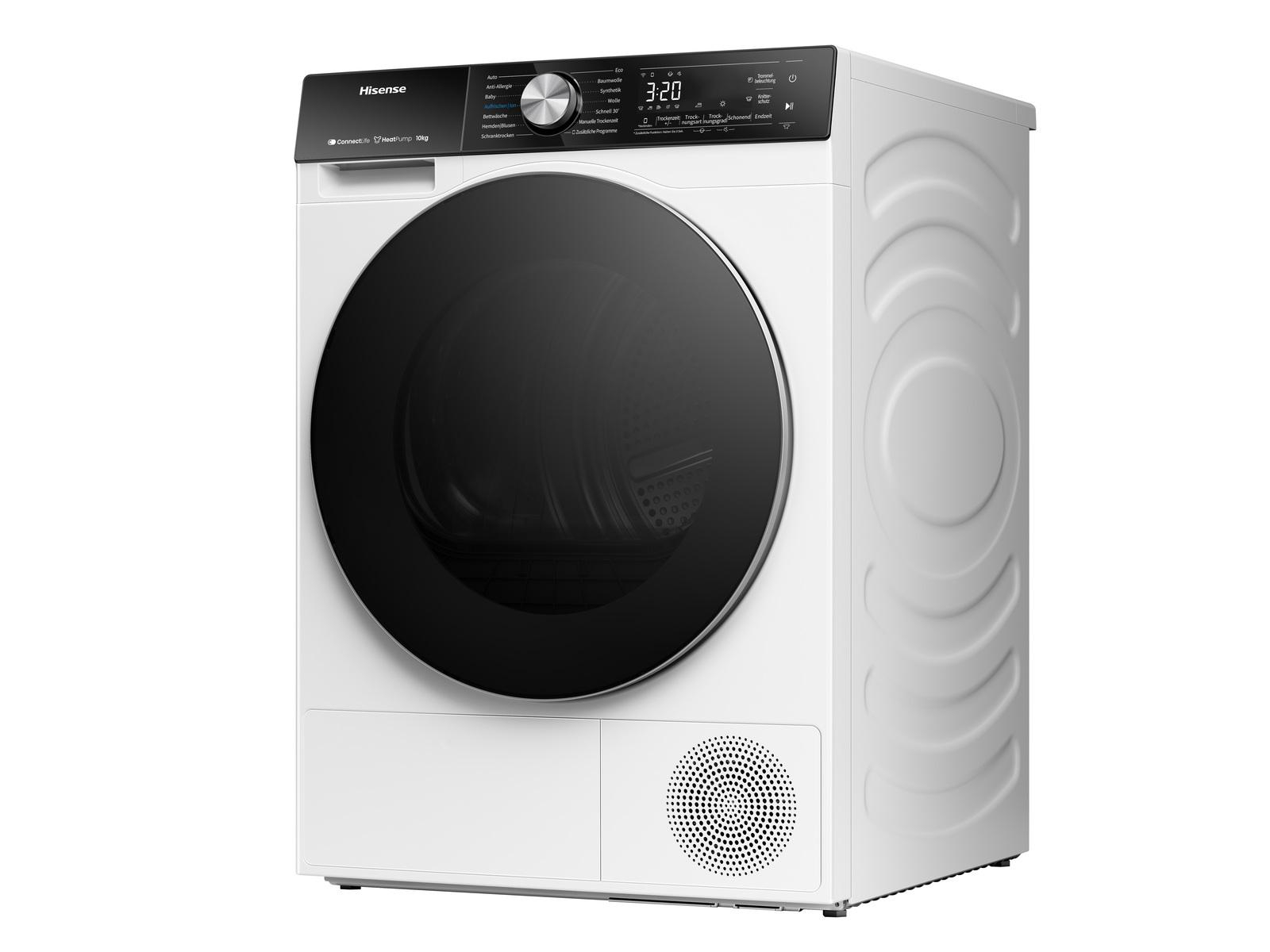 Ein weißer Hisense-Trockner mit schwarzer Tür. Er hat eine Digitalanzeige mit 3:20 und mehrere Bedientasten.