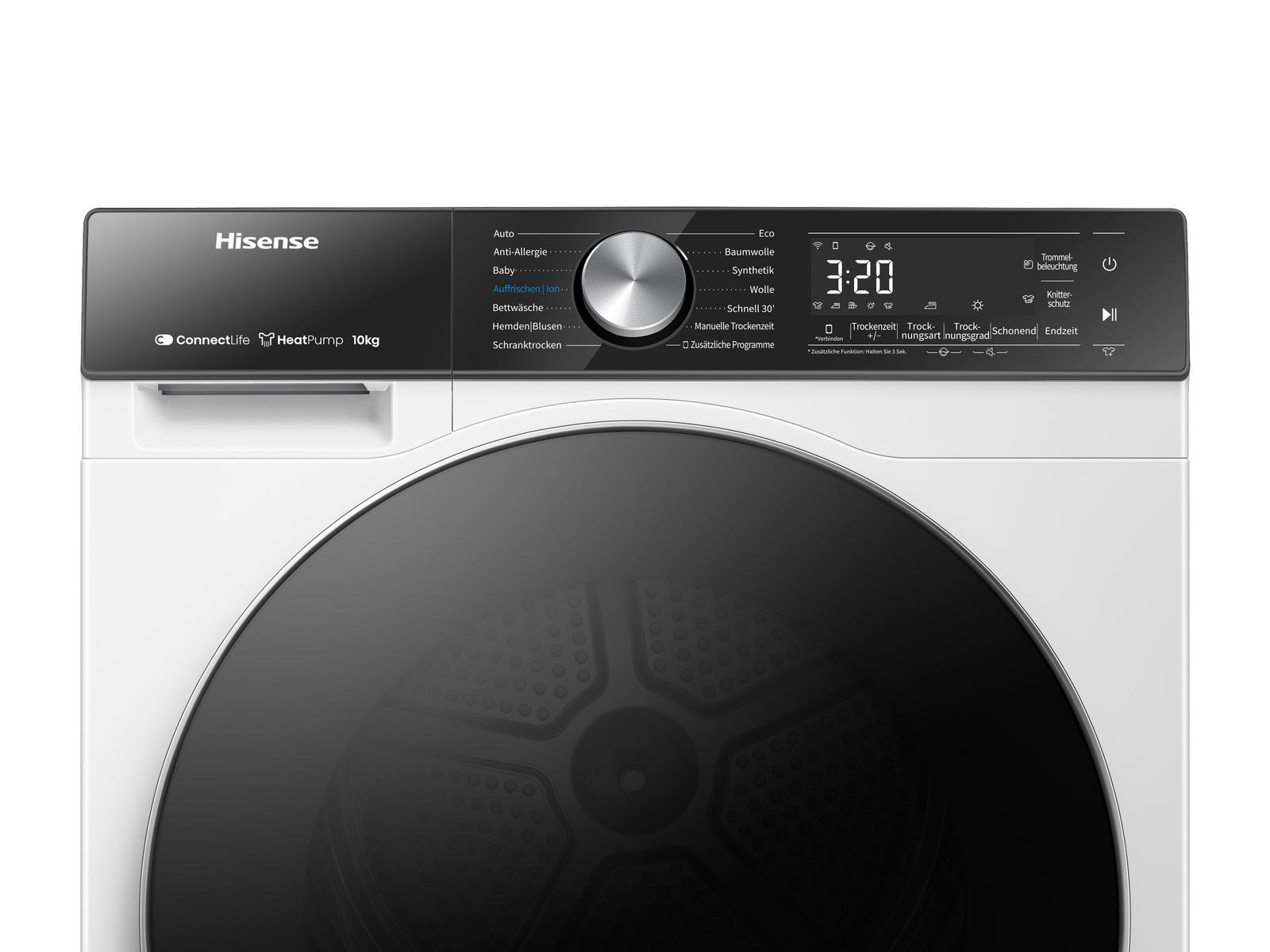 Ein weißer Hisense-Trockner mit schwarzem Bedienfeld und Digitalanzeige mit 3:20. Die Tür ist aus dunklem Glas.
