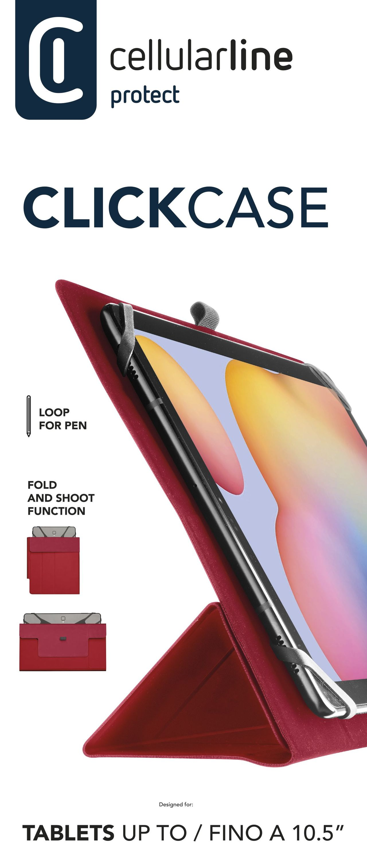 İçinde tablet olan kırmızı tablet kılıfı. Kılıf açıktır ve bir kalem döngüsüne sahiptir. Metin: CLICKCASE, cellularline, protect.