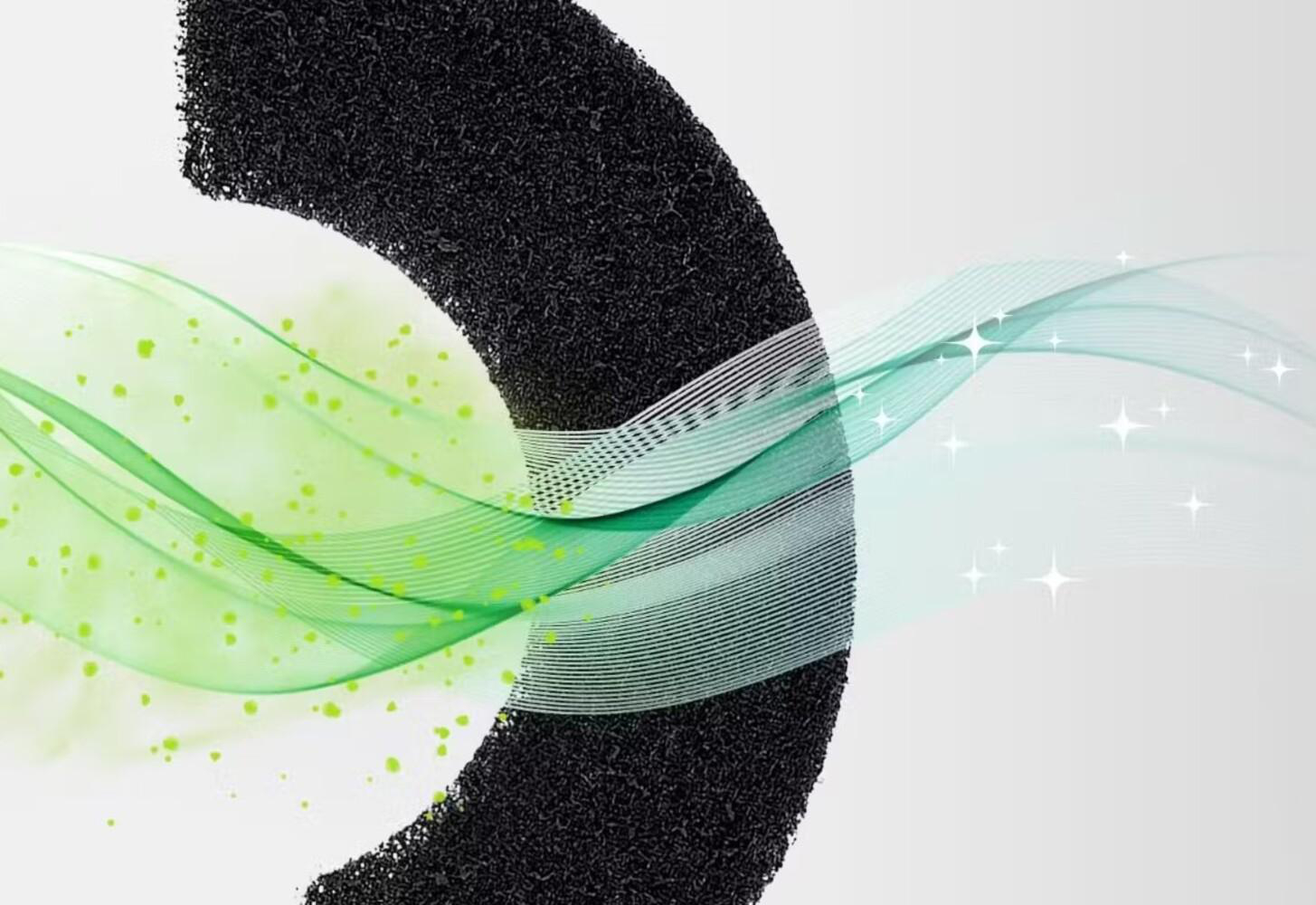 Abstraktes Bild. Ein schwarzer, strukturierter Halbkreis schneidet grüne und weiße Wellenlinien. Kleine grüne Punkte und sternförmige Glitzer sind vorhanden.
