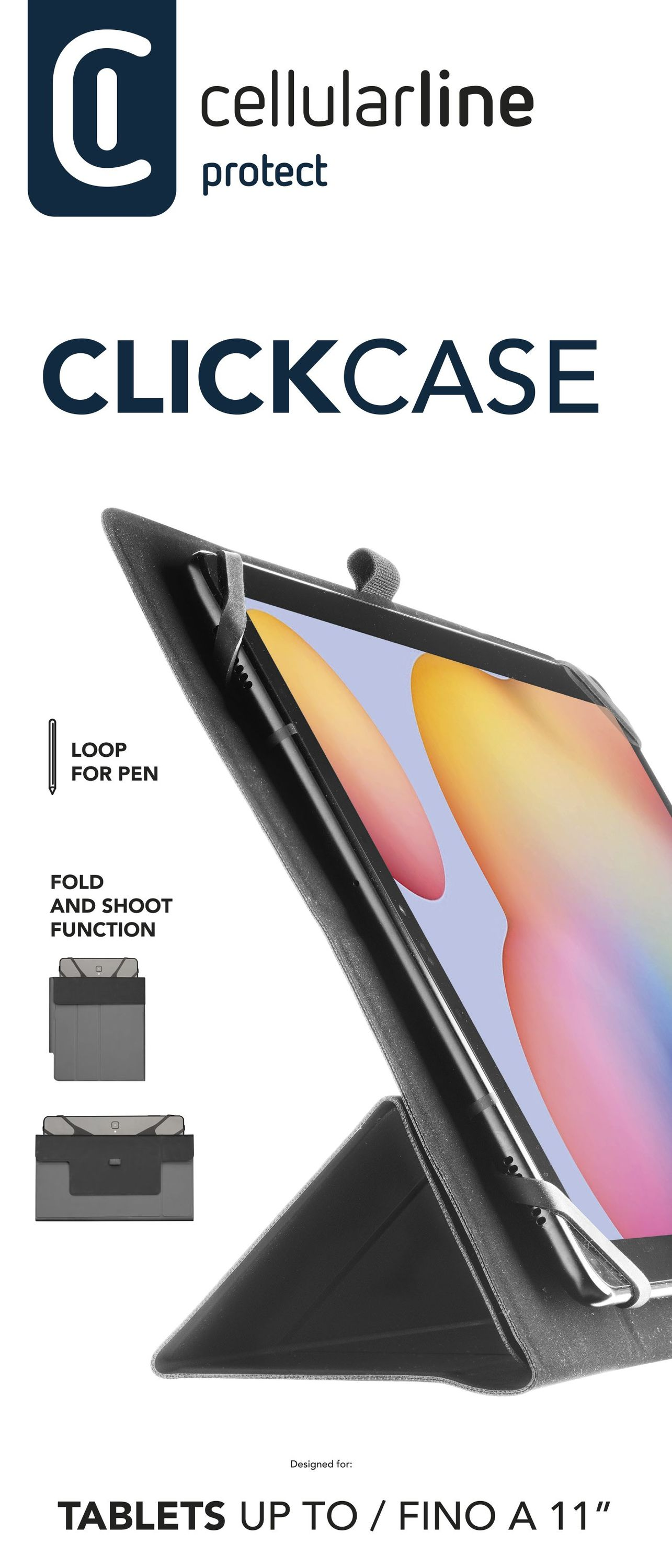 Görüntü, içinde bir tablet bulunan bir tablet kılıfını gösteriyor. Bir kalem için bir halkası ve katla ve çek işlevi vardır. Metin 'CLICKCASE' yazıyor.