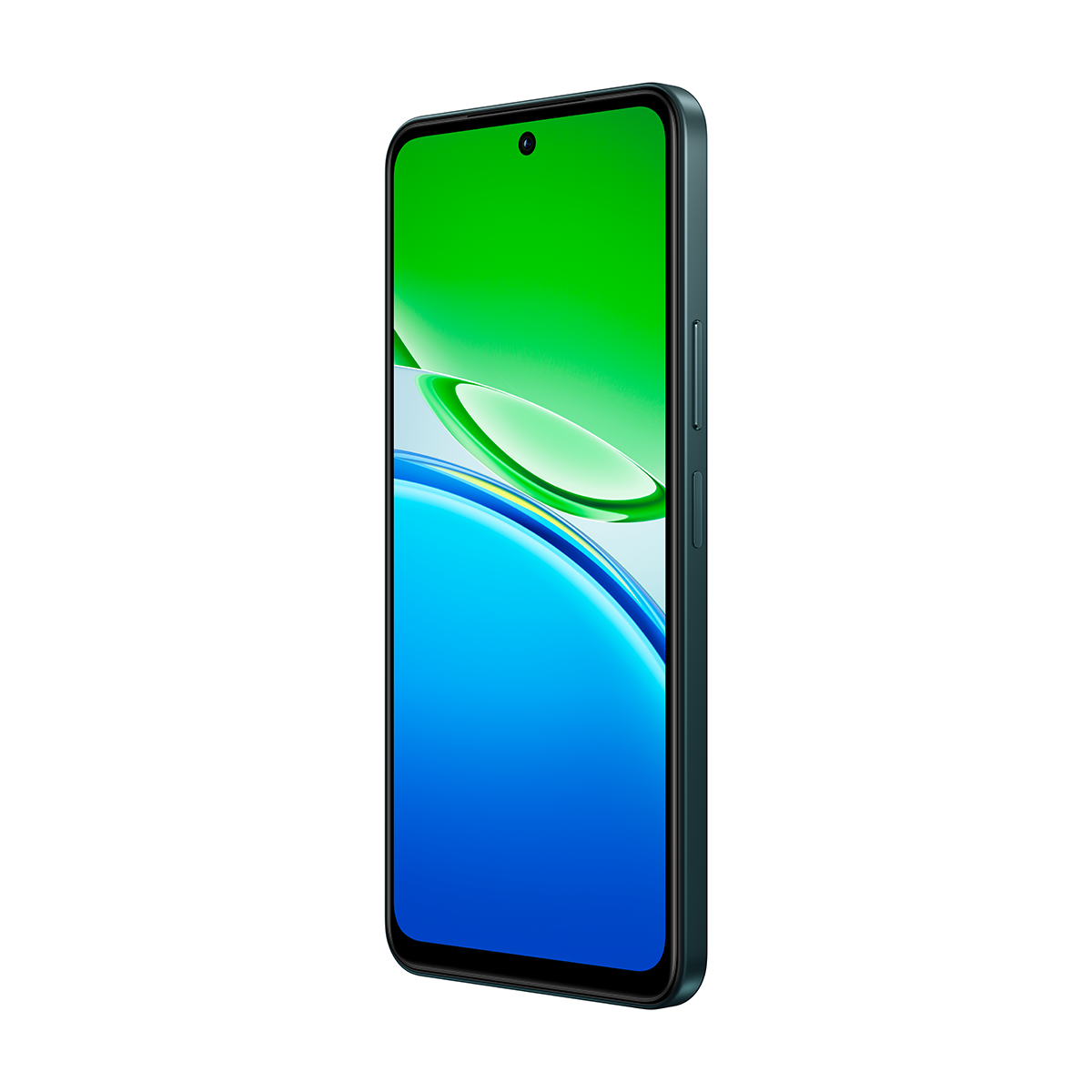 Yeşil ve mavi gradyanlı bir duvar kağıdı gösteren yeşil ekranlı bir akıllı telefon. Telefon koyu yeşil.