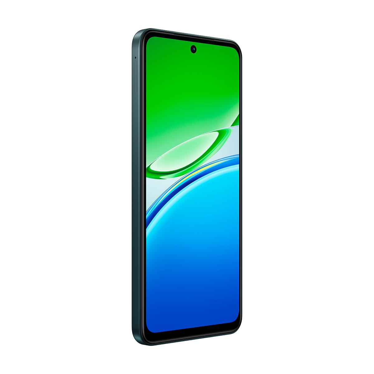 Yeşil ve mavi ekranlı, siyah çerçeveli ve koyu turkuaz çerçeveli bir akıllı telefon. Ekranda su benzeri bir grafik var.