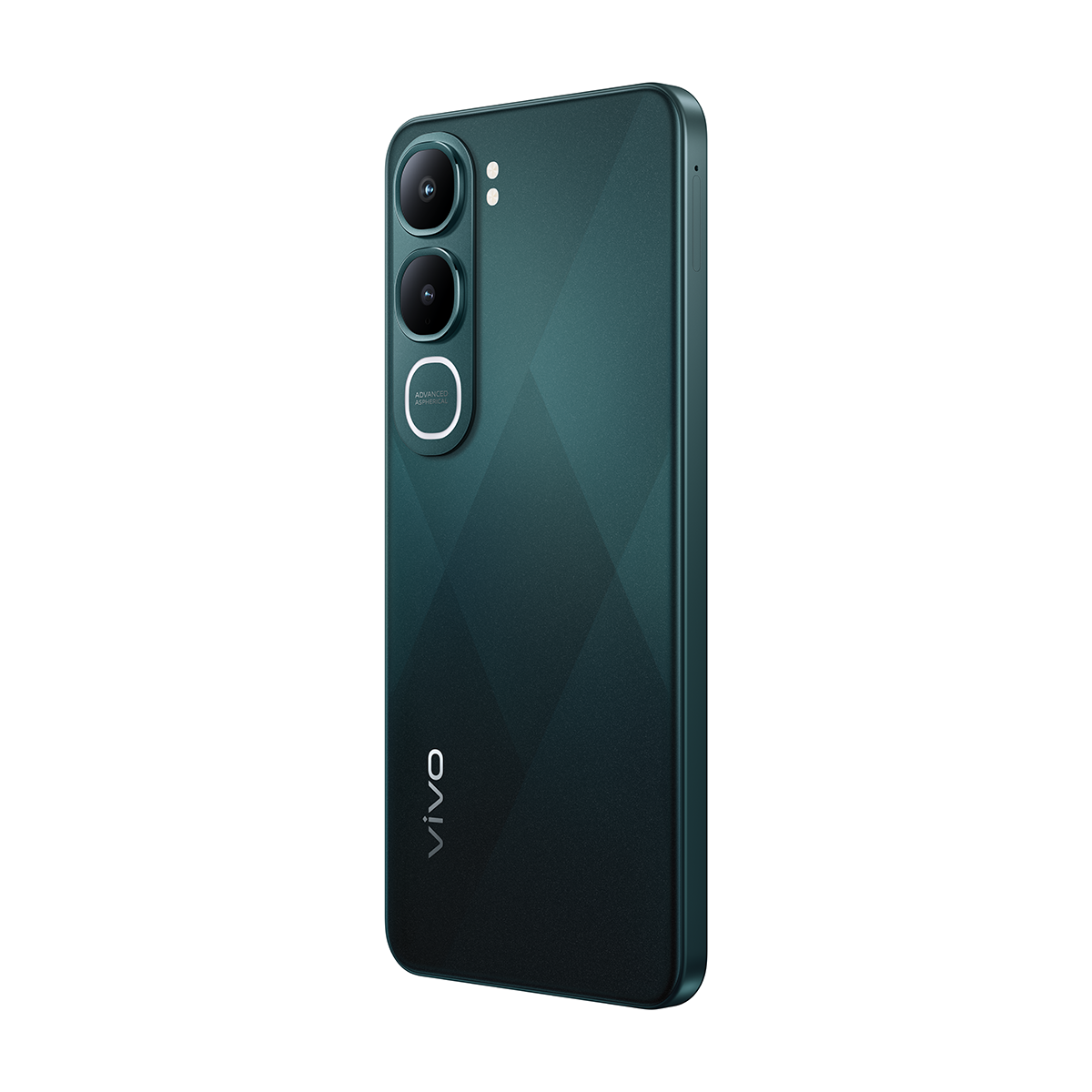 Bir turkuaz renkli Vivo akıllı telefon, hafif açılı, kamera kurulumunu ve elmas desenli arka yüzünü sergiliyor. Vivo logosu görünür.