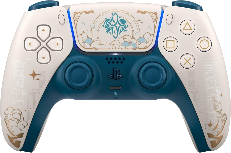 Ein PlayStation 5-Controller in Weiß und Blaugrün. Er hat ein zentrales Design und verschiedene Symbole auf den Tasten.
