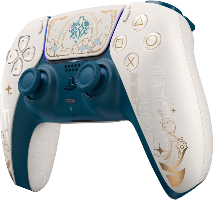 Ein weiß-türkisfarbener PlayStation 5-Controller mit goldenen Akzenten. Zu den Merkmalen gehören Tasten, ein zentrales Design und dekorative Elemente.