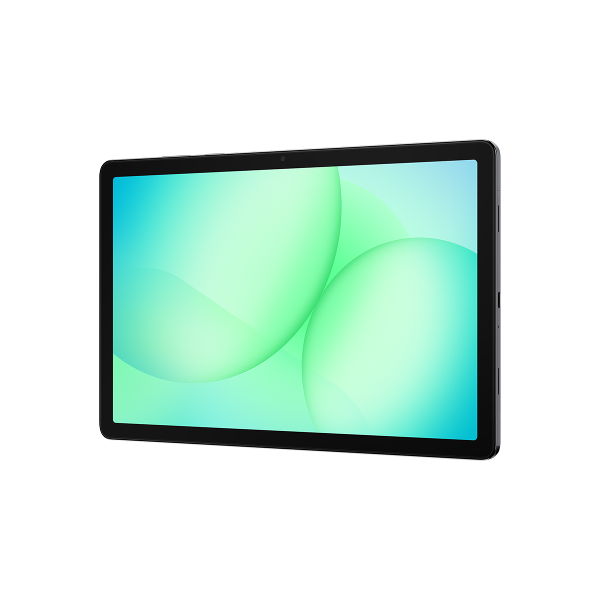 Yeşil ve mavi küreler gösteren bir ekranı olan siyah bir tablet. Tablet beyaz bir arka plan önünde.