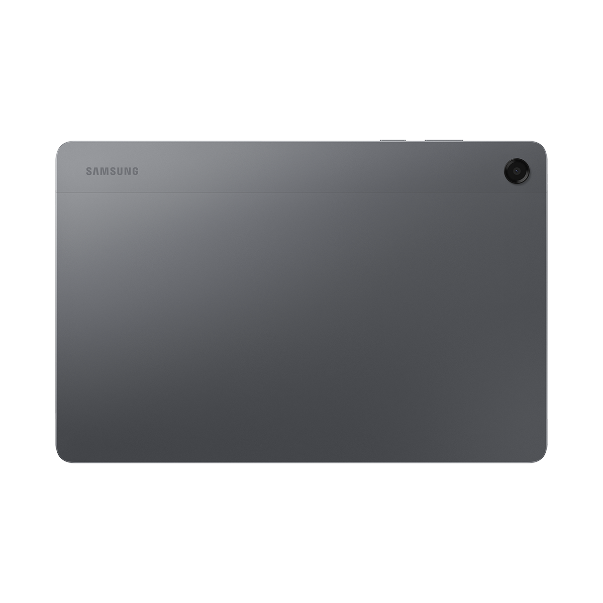 Gri bir Samsung tabletin arkası. Kamera, düğmeler ve Samsung logosu var.