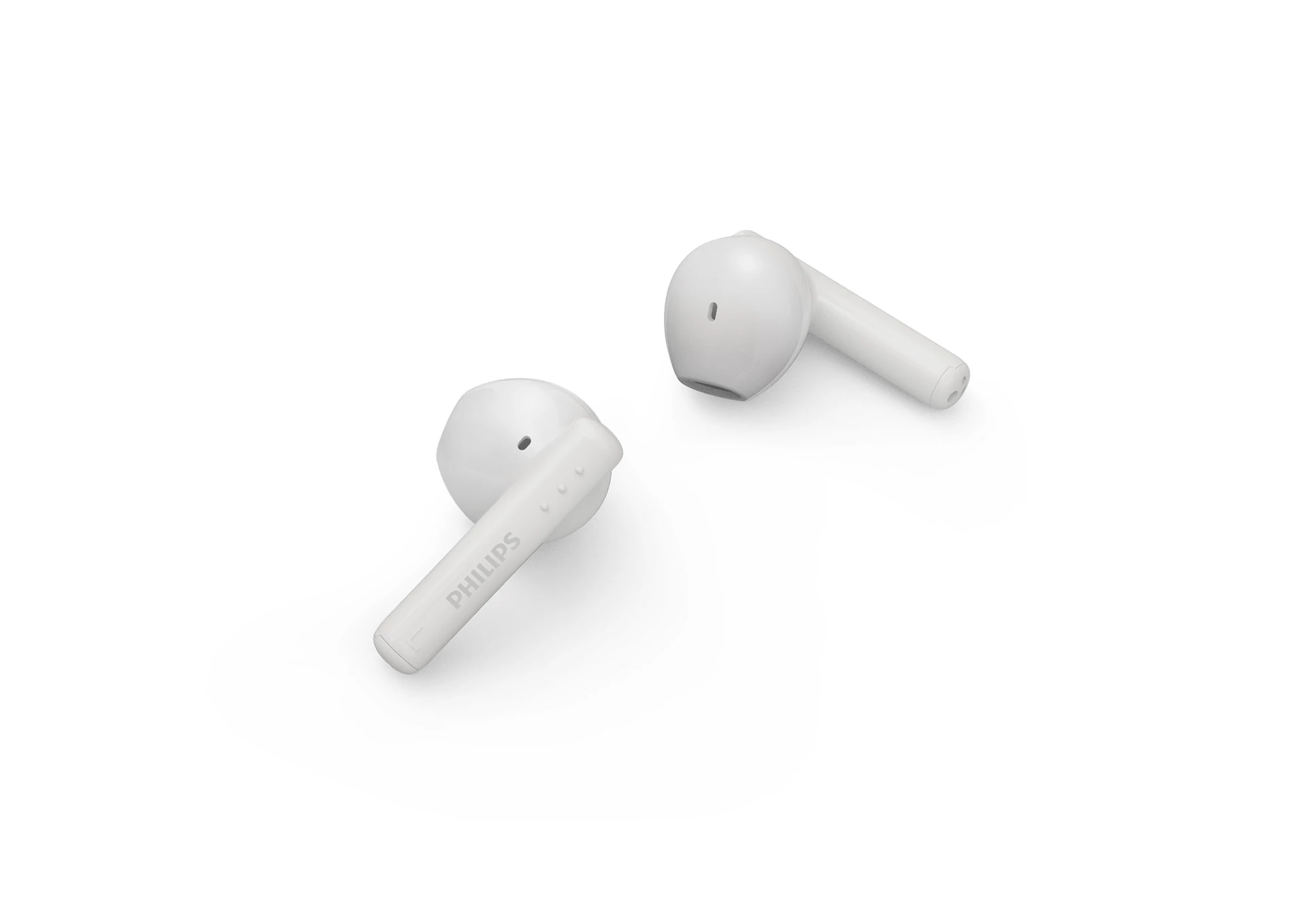 Beyaz arka plan üzerinde iki beyaz Philips kablosuz kulaklık. Bir kulaklıkta 'Philips' etiketi var.